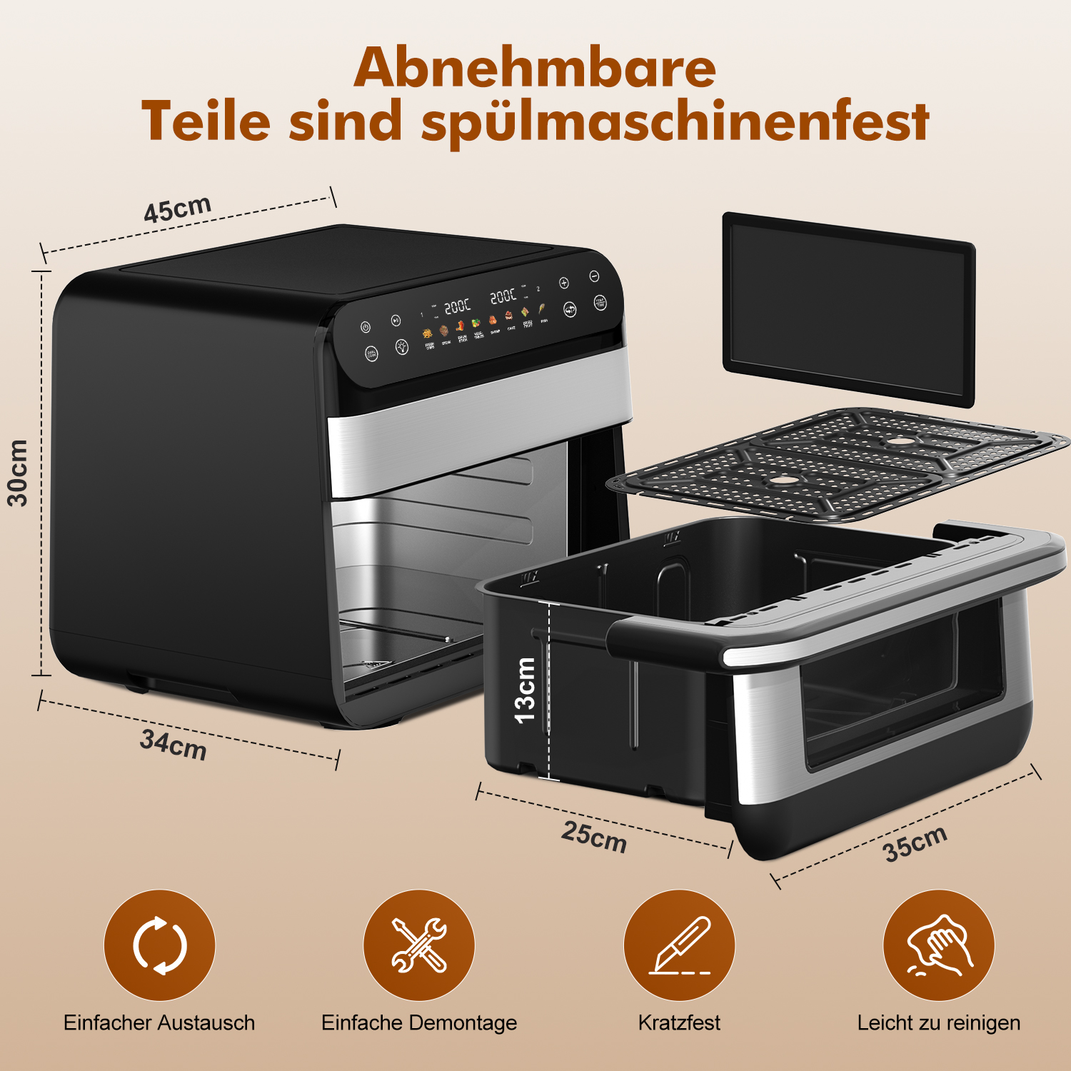 Schwarze Heißluftfritteuse mit abnehmbaren Teilen und Maßangaben. Enthält Tablett, Korb und Symbole für einfache Reinigung, Montage und Kratzfestigkeit.