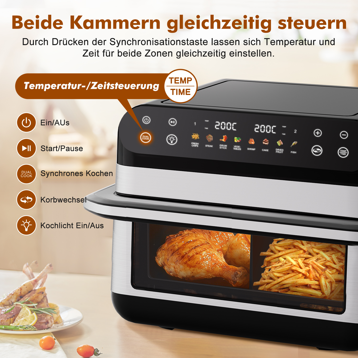 Eine Heißluftfritteuse mit Hähnchenkeule und Pommes Frites. Knöpfe für Kochoptionen und Temperaturregler sind sichtbar.