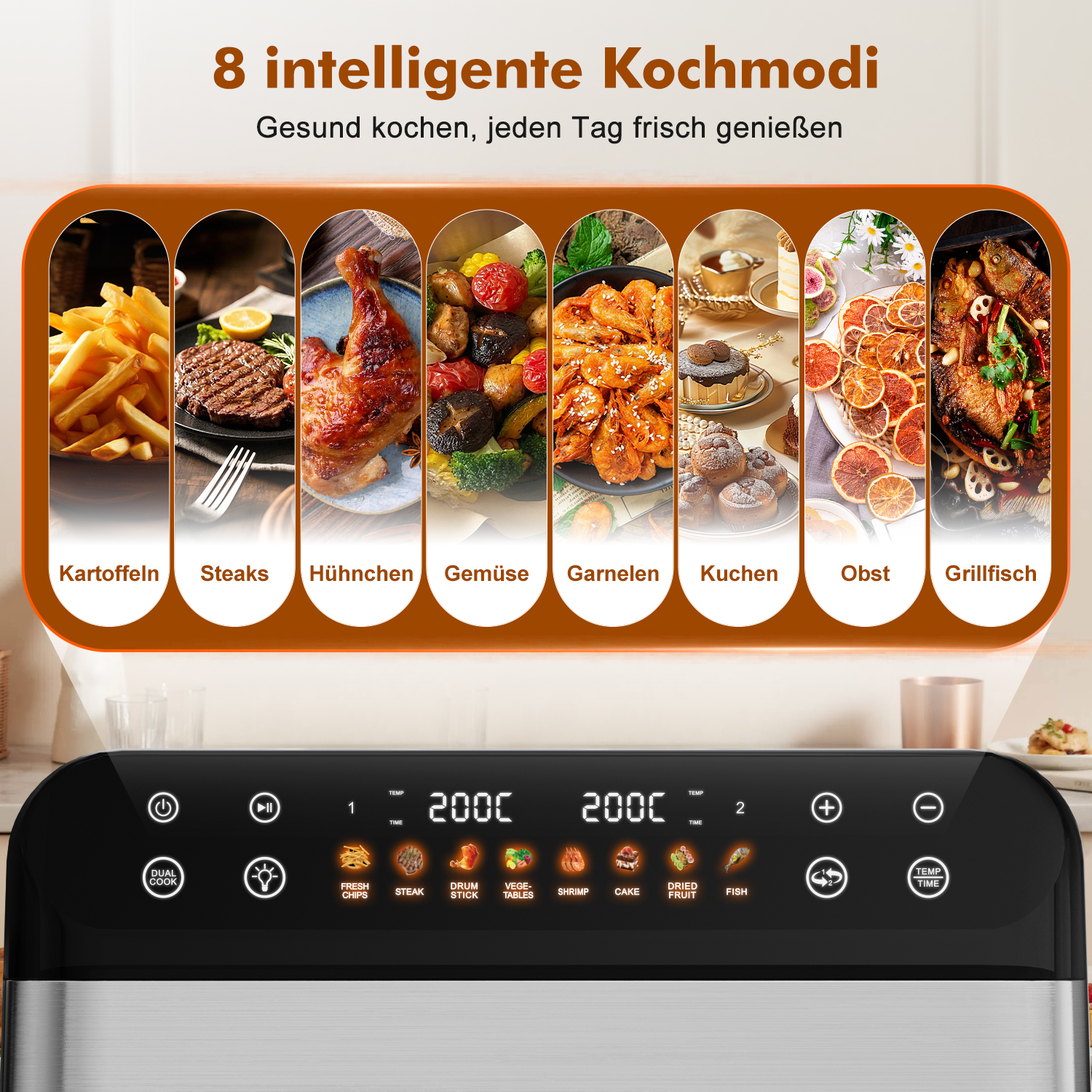 Eine Heißluftfritteuse mit Essensoptionen wie Pommes, Steak, Huhn, Gemüse, Garnelen, Kuchen, Trockenfrüchten und Fisch, mit Bedienfeld.
