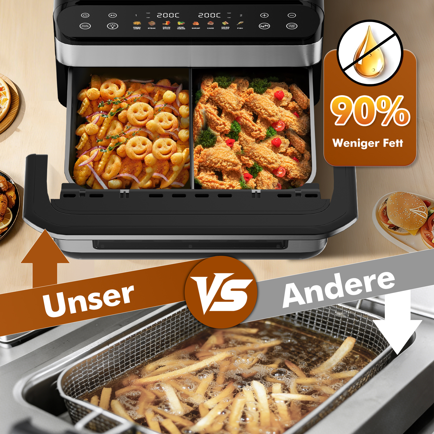 Eine Heißluftfritteuse mit zwei Fächern, eines mit Smiley-Pommes, das andere mit Chicken Wings, vs. einer Fritteuse. 90 % weniger Fett.