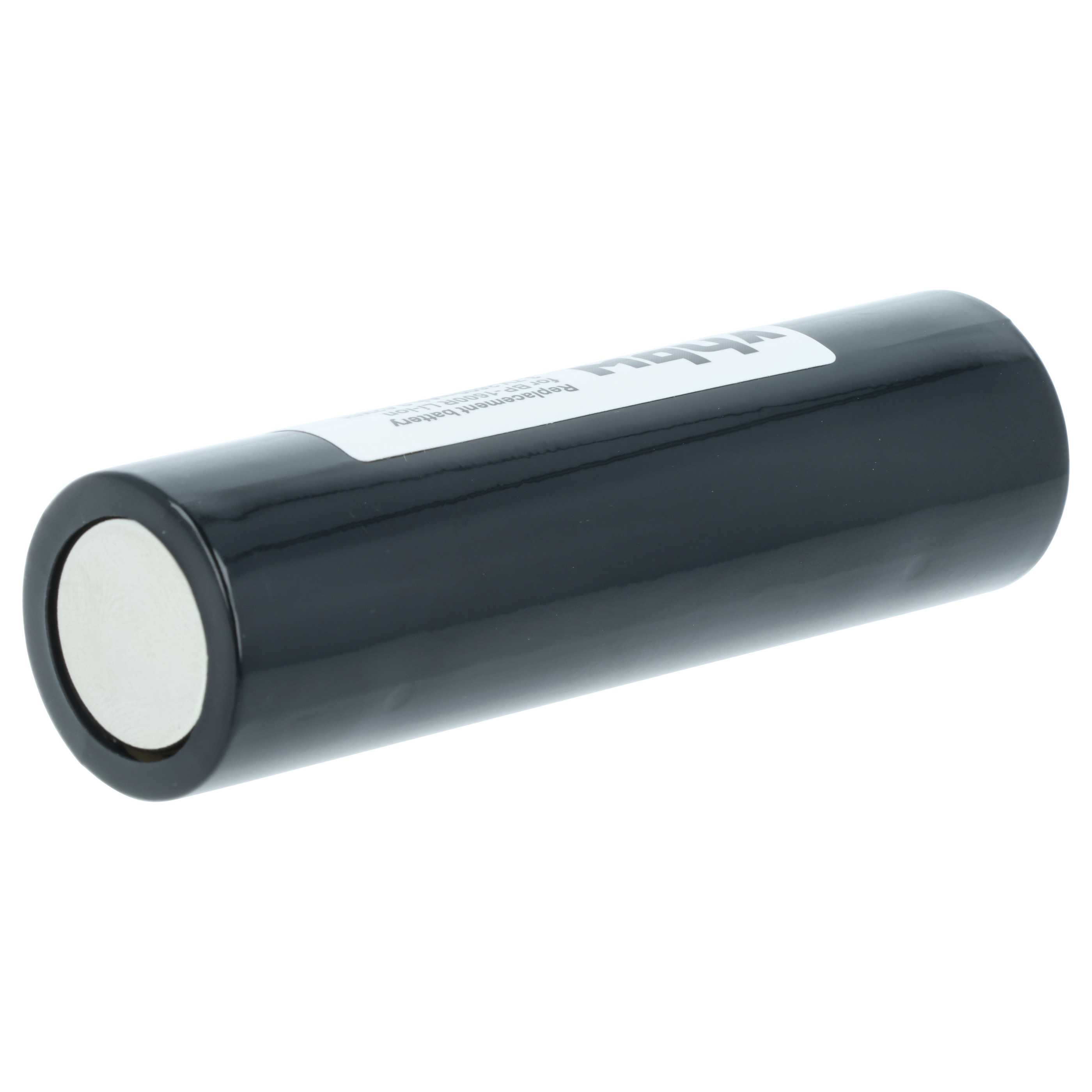 Eine schwarze zylindrische Batterie mit weißem Etikett, weißen Enden und weißem Hintergrund.