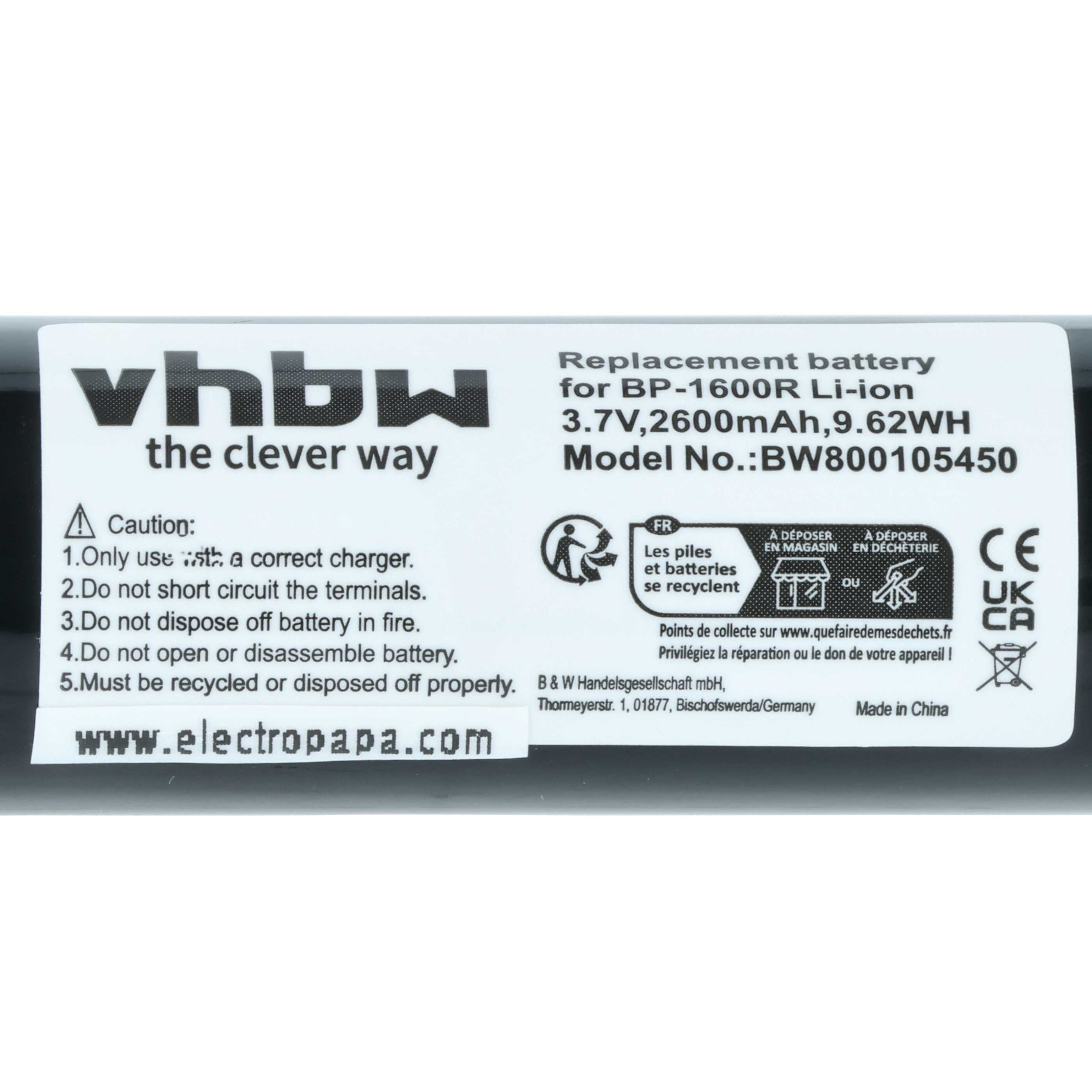 Weißes Etikett mit schwarzem Text. Enthält 'vhbw the clever way' und Batterie-Infos. Enthält Recycling-Symbole und Warnungen.