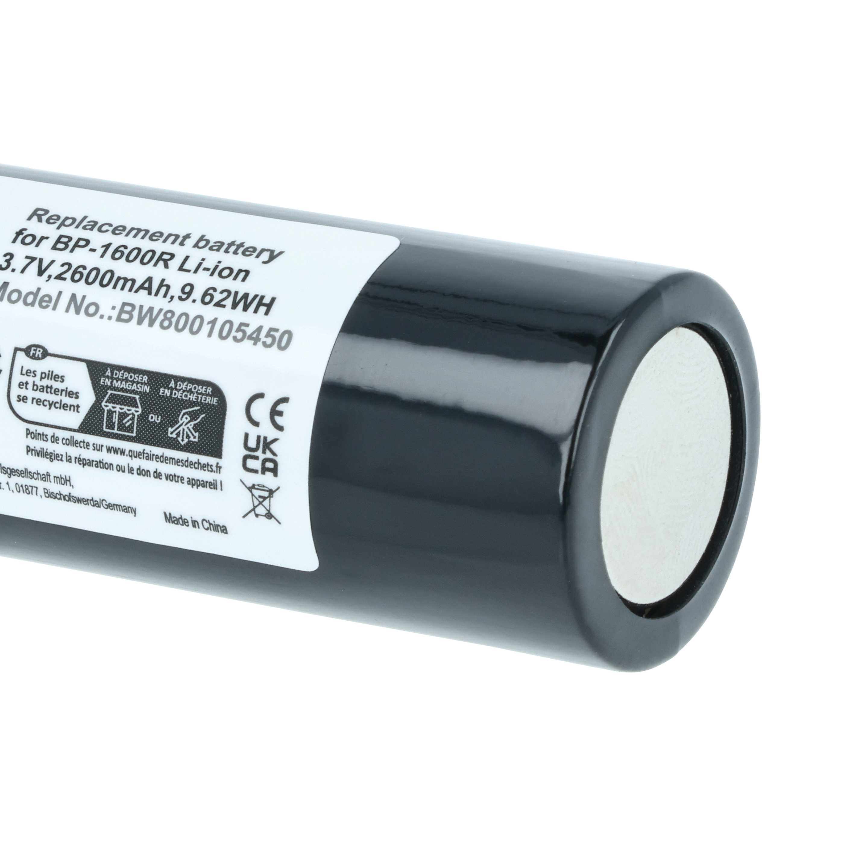 Eine schwarze Batterie mit weißem Text und einem weißen Ende. Der Text weist auf eine Ersatzbatterie hin.