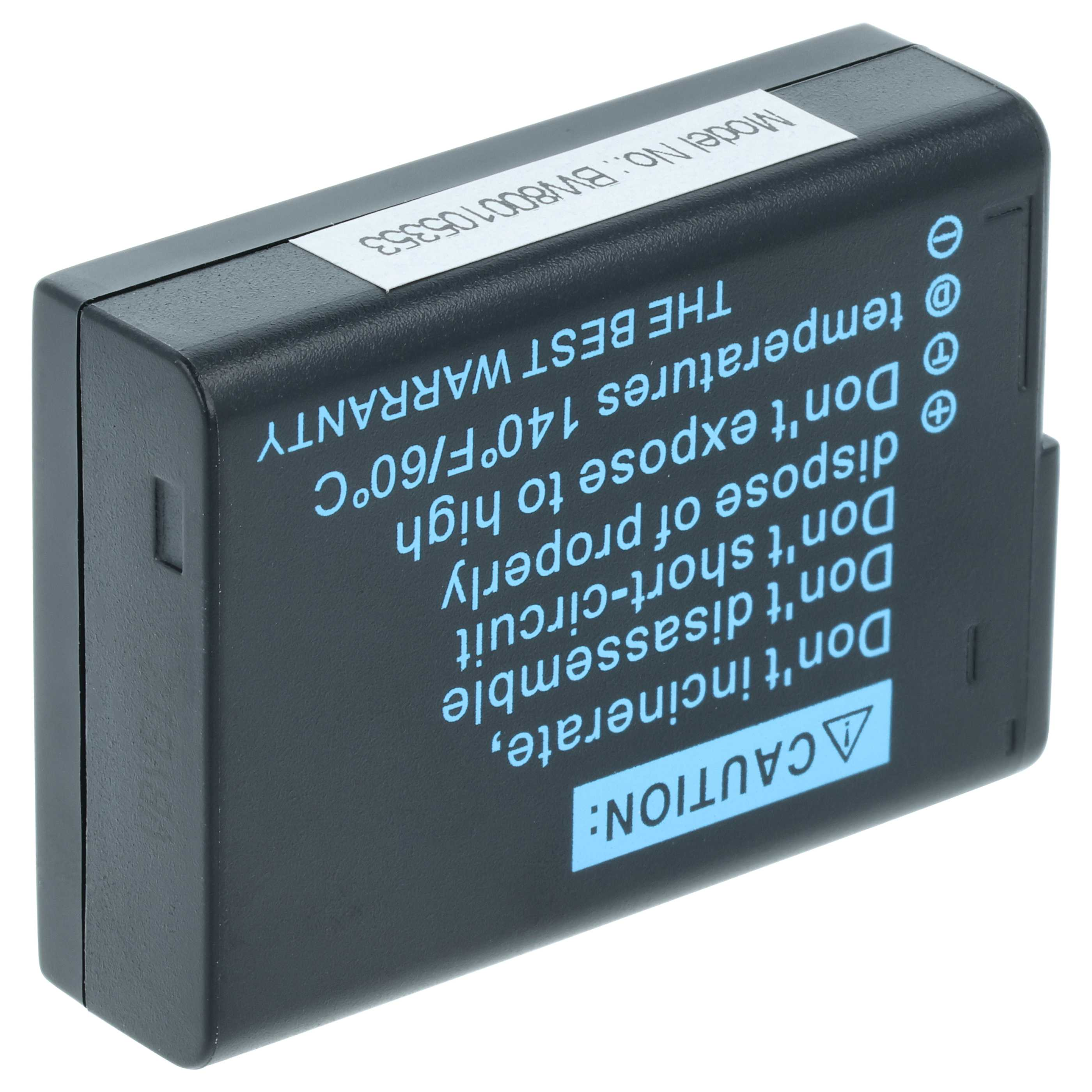 Ein schwarzer Akku mit weißem Text. Er hat ein Warnschild und Text mit Gebrauchsanweisungen. Der Hintergrund ist weiß.