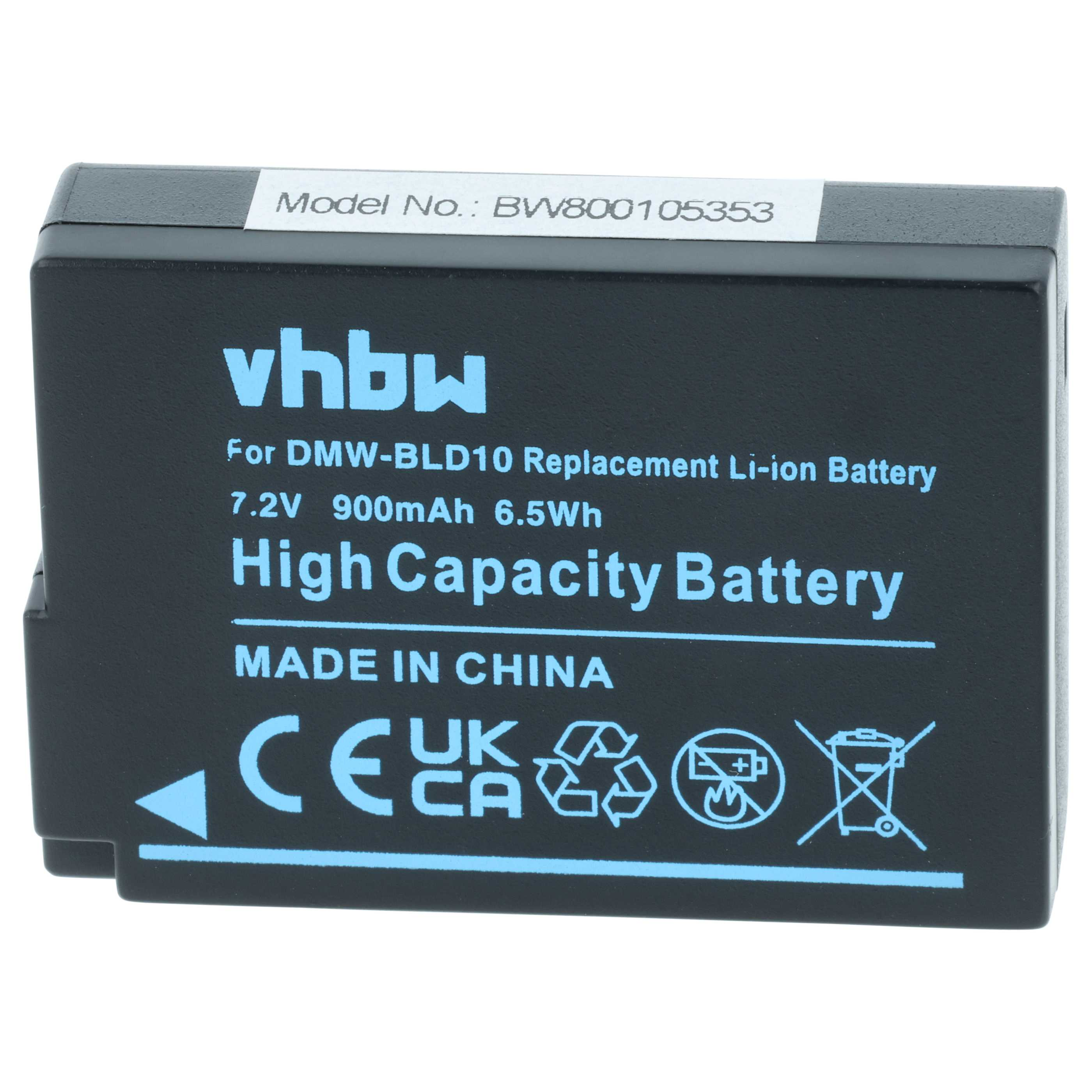 Ein schwarzer Akku mit blauem Text. Er lautet vhbw, High Capacity Battery und Made in China. Es gibt Symbole und eine Modellnummer.