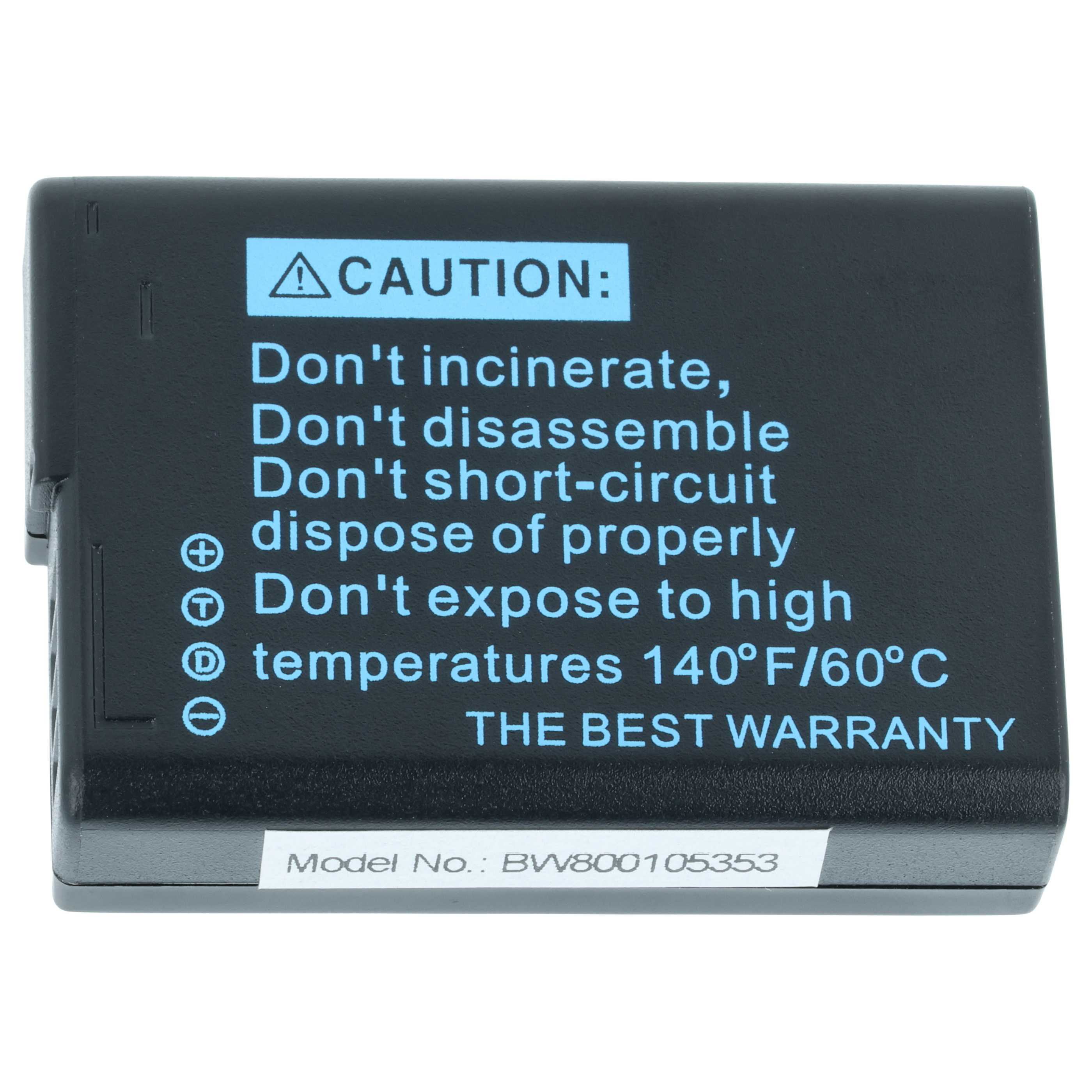 Schwarzer Akku mit blauem Text: Vorsicht, nicht verbrennen, zerlegen oder kurzschließen. Modell BW800105353.