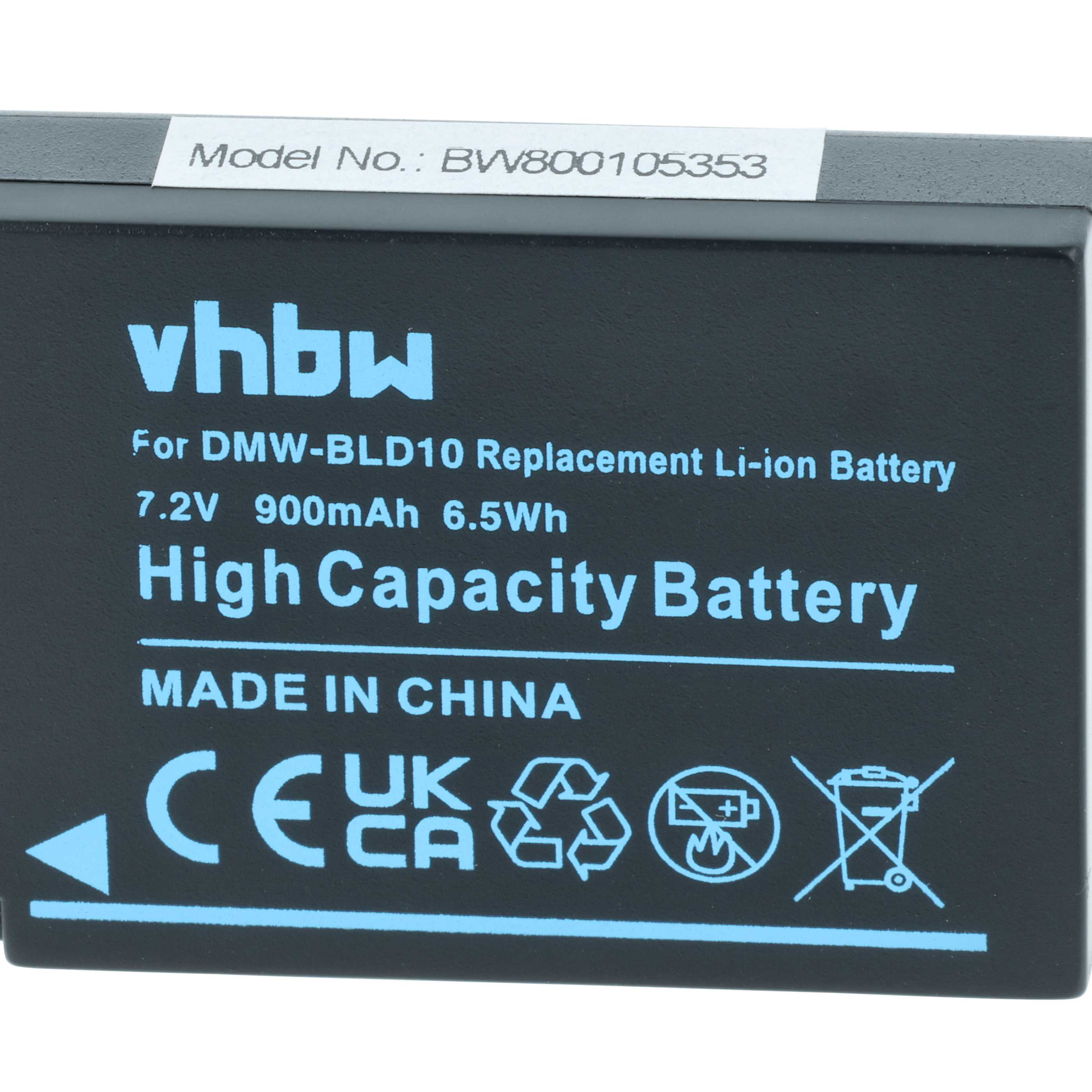 Schwarzer Akku mit weißem Text. Er lautet vhbw, For DMW-BLD10, High Capacity Battery, Made in China und Symbole.