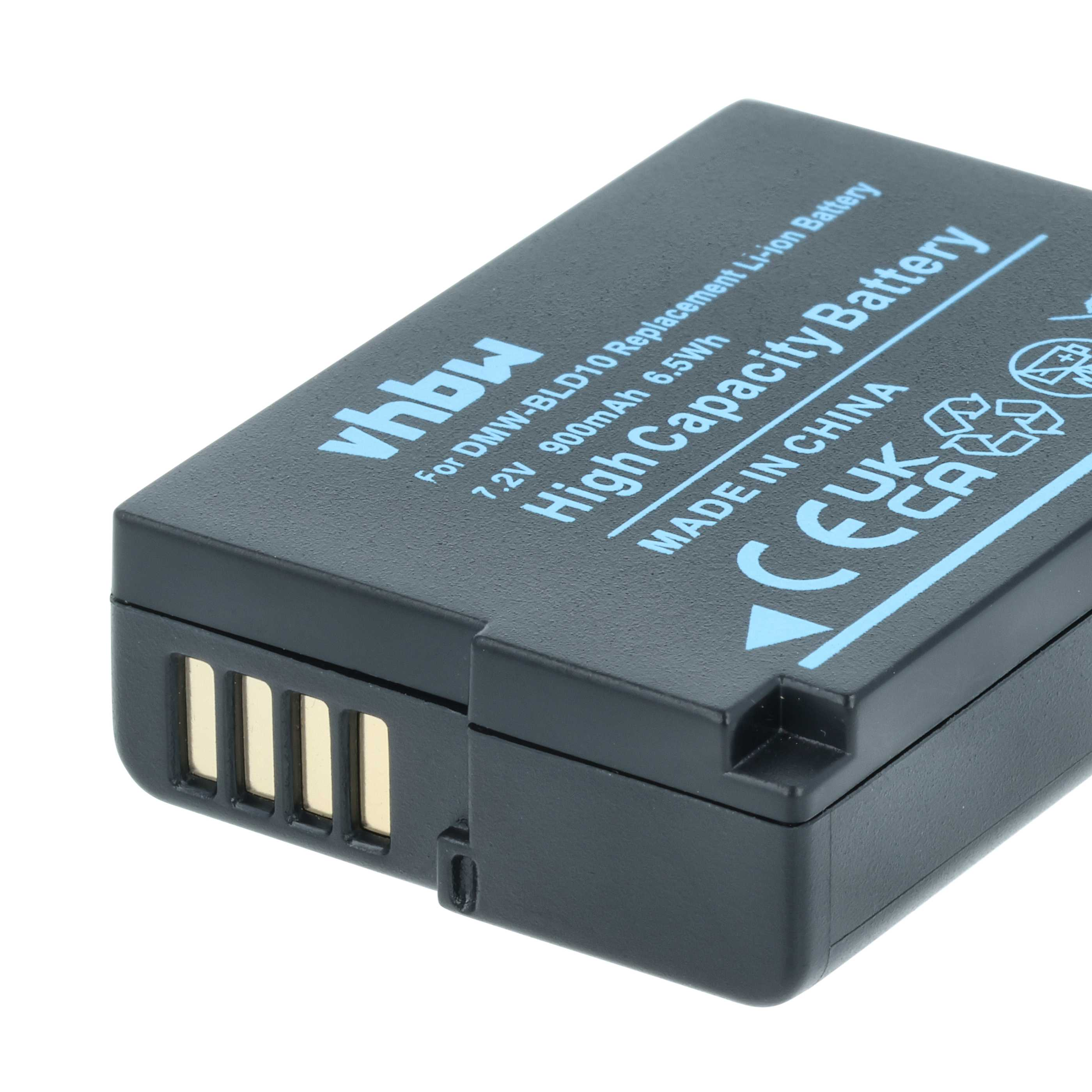 Ein schwarzer Akku mit weißem und blauem Text. Es steht 'High Capacity Battery', 'Made in China'.