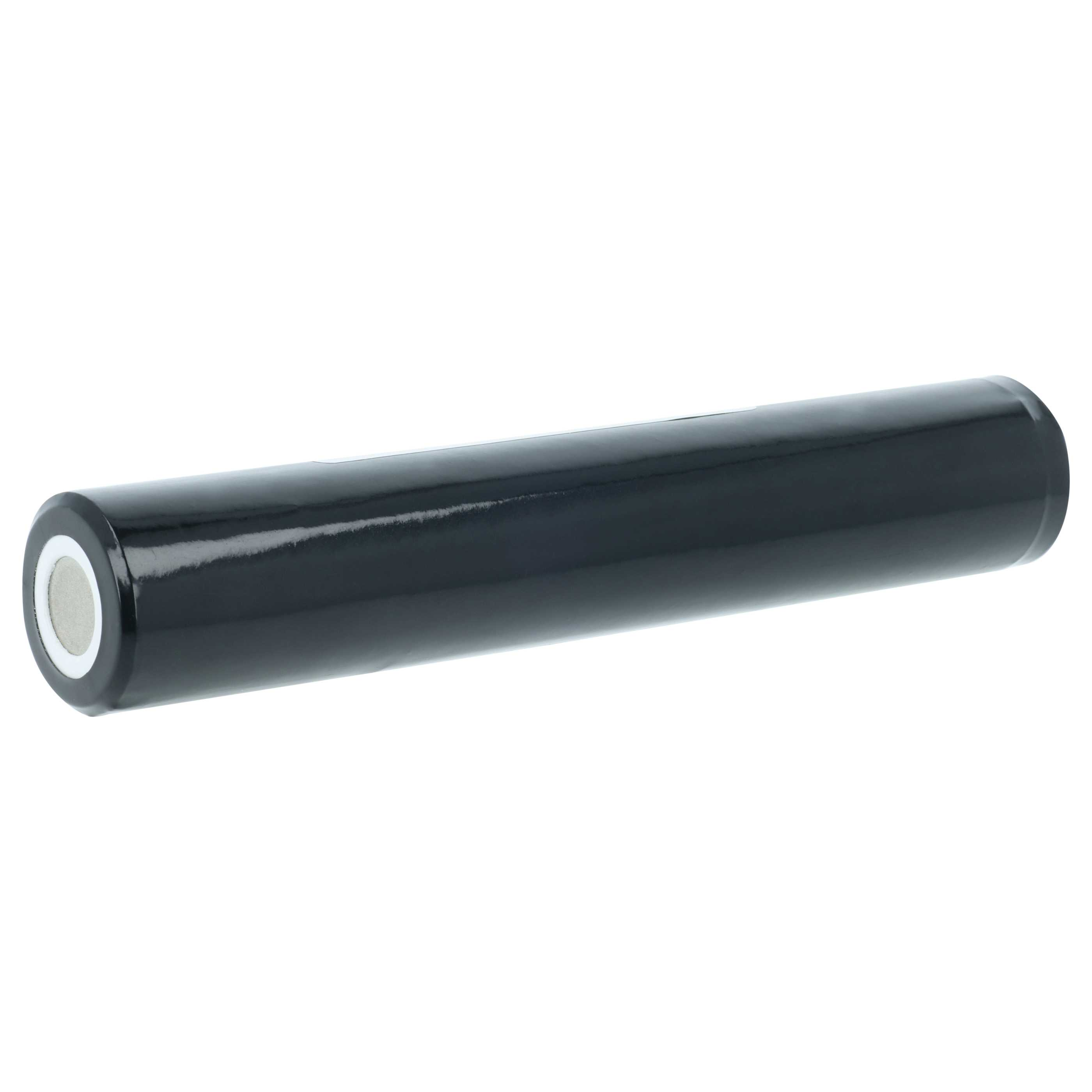 Eine schwarze zylindrische Batterie auf weißem Hintergrund. Ein Ende hat einen weißen und silbernen Kreis.
