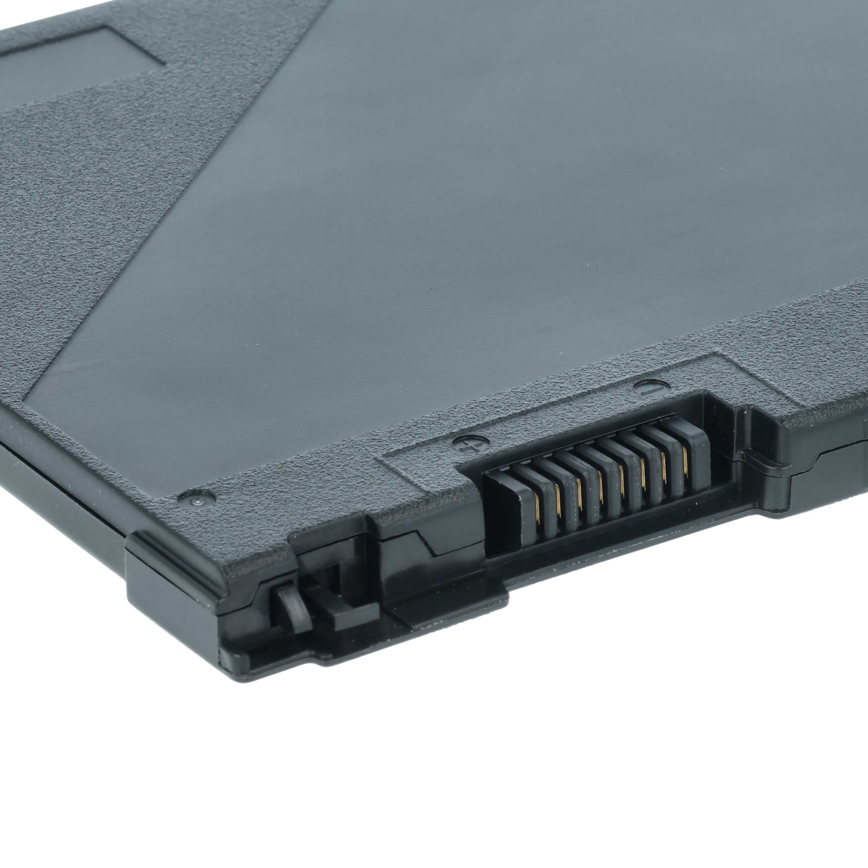 Nahaufnahme eines schwarzen Laptop-Akkus. Er hat eine strukturierte Oberfläche und einen Stecker mit Goldstiften.