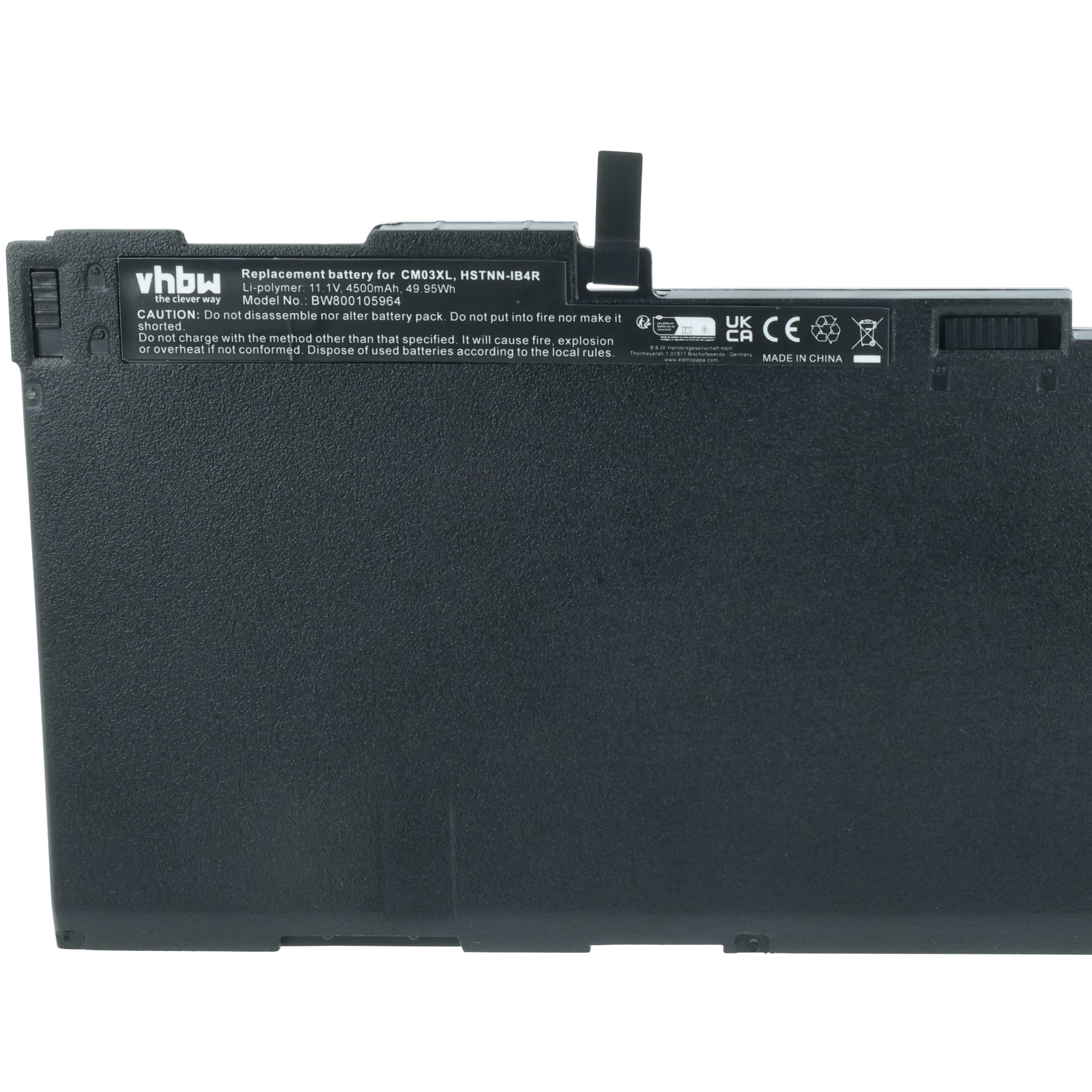 Schwarzer Laptop-Akku mit Text. Der Akku ist mit Modelldetails und Warnhinweisen vor Missbrauch beschriftet.