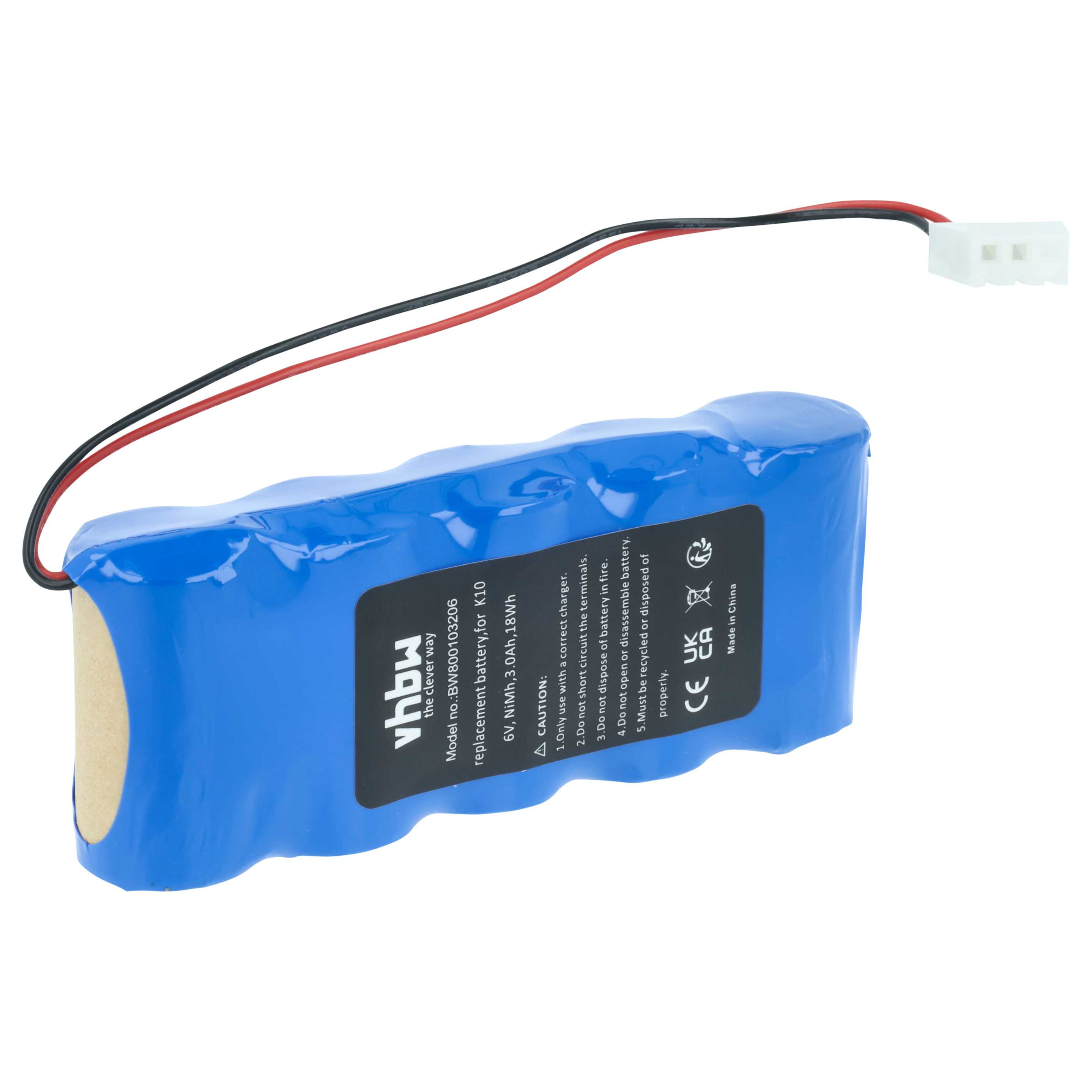 Ein blaues Akkupack mit schwarzen und roten Drähten und einem weißen Stecker. Es hat ein Etikett mit Text.