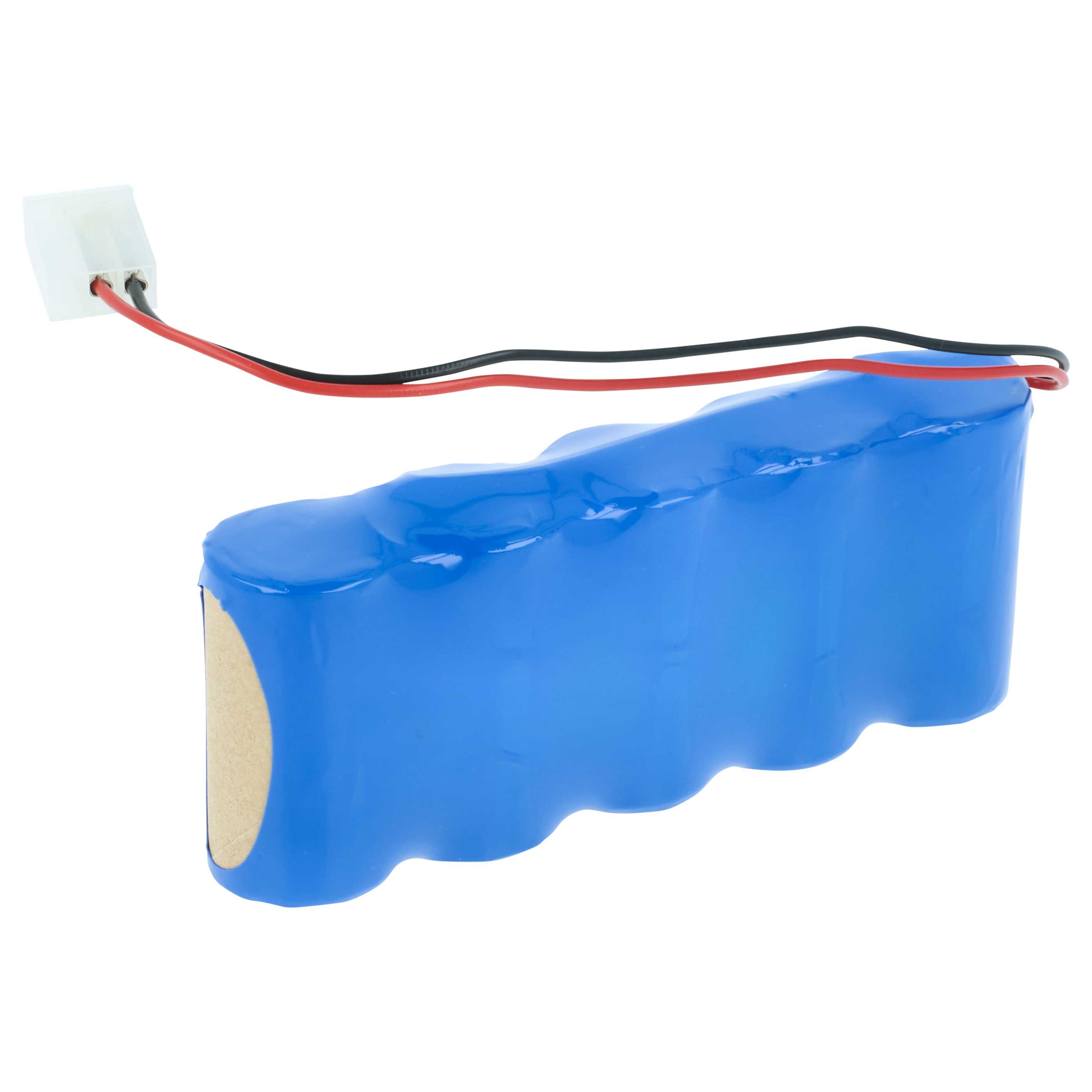 Ein blauer Akku-Pack mit weißem Stecker und rot/schwarzen Drähten vor weißem Hintergrund.
