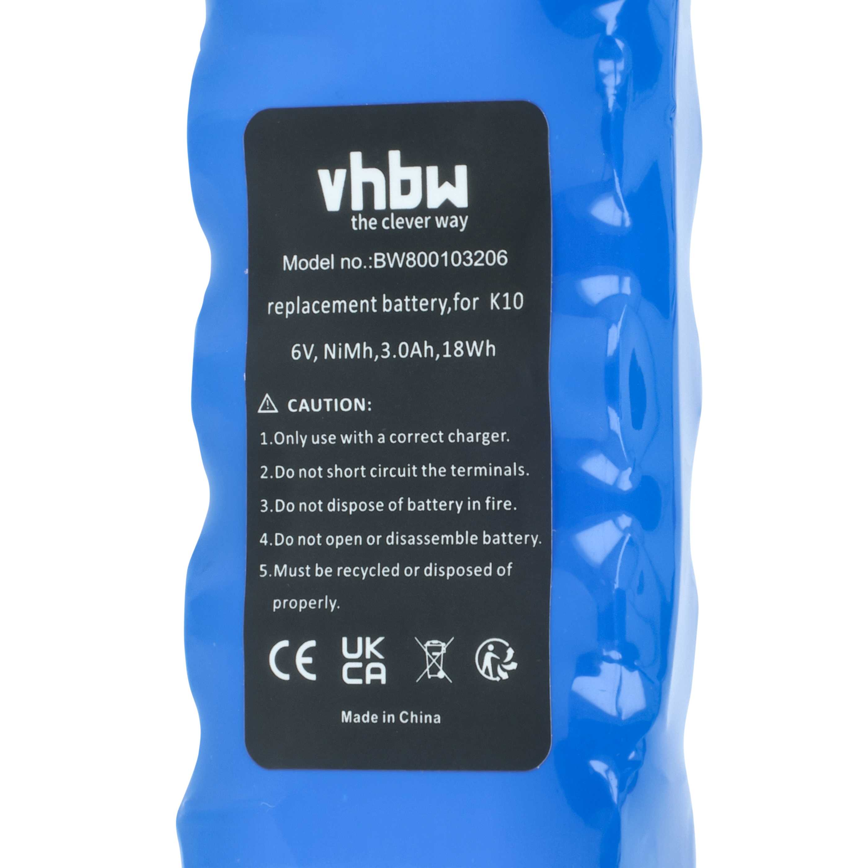 Blaue Batterie mit schwarzem Etikett. Text enthält 'vhbw', 'Ersatzbatterie' und Sicherheitshinweise.