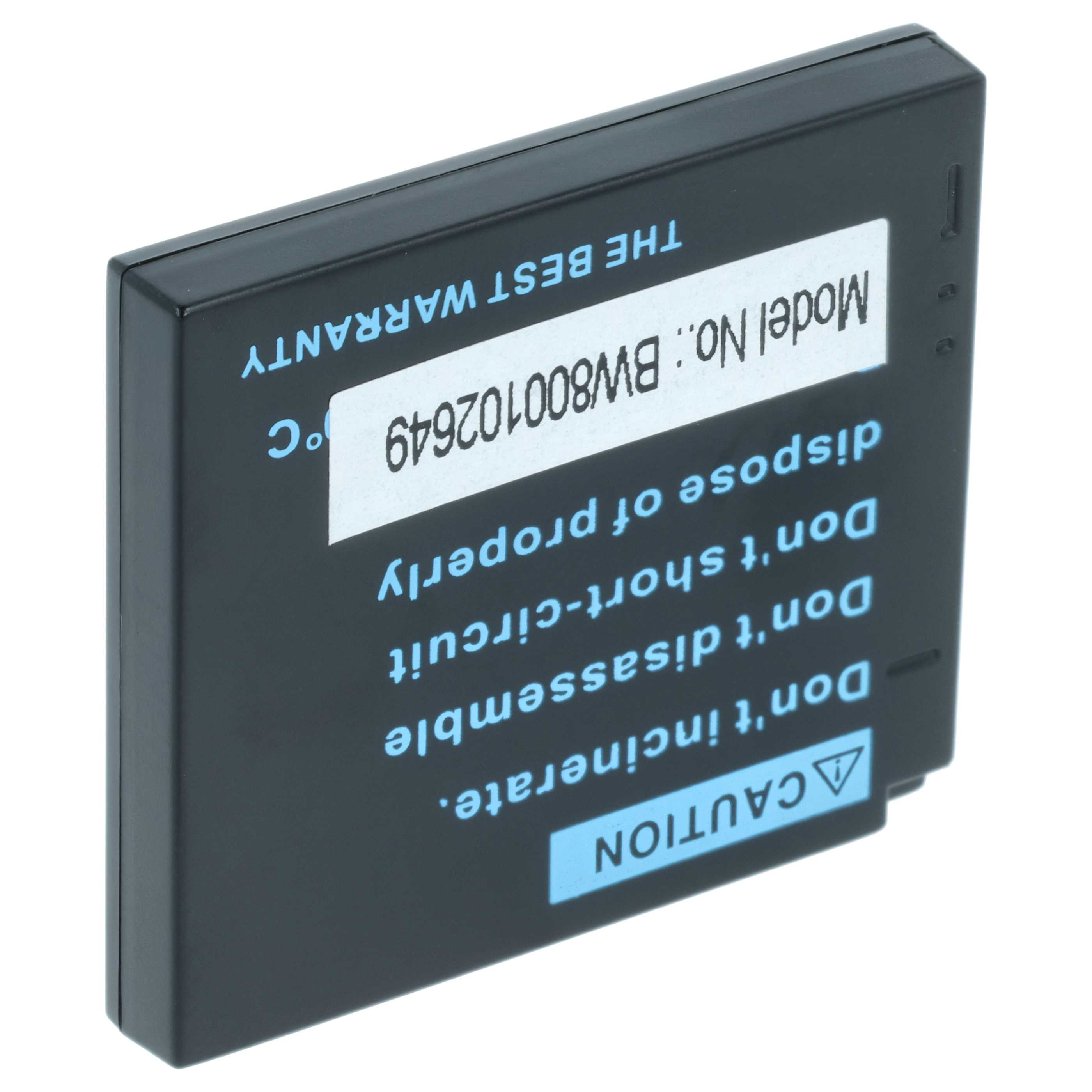 Ein schwarzes rechteckiges Objekt mit Text in Weiß und Blau. Es ist eine Batterie mit Sicherheitshinweisen.