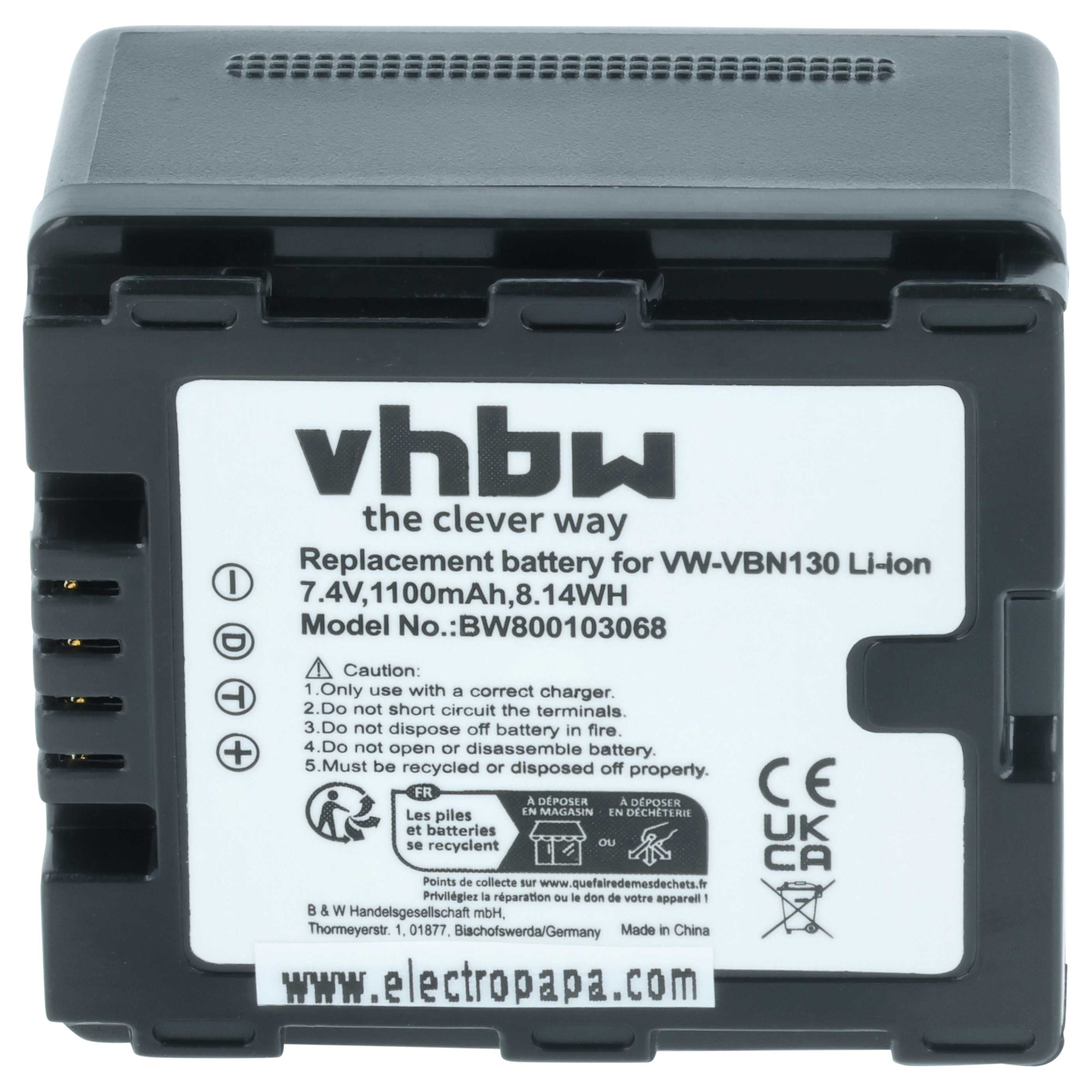 Ein schwarzer Akku mit weißem Etikett, Modell VW-VBN130 Li-ion. Enthält Warnhinweise, Recycling-Infos und die Website www.electropapa.com.