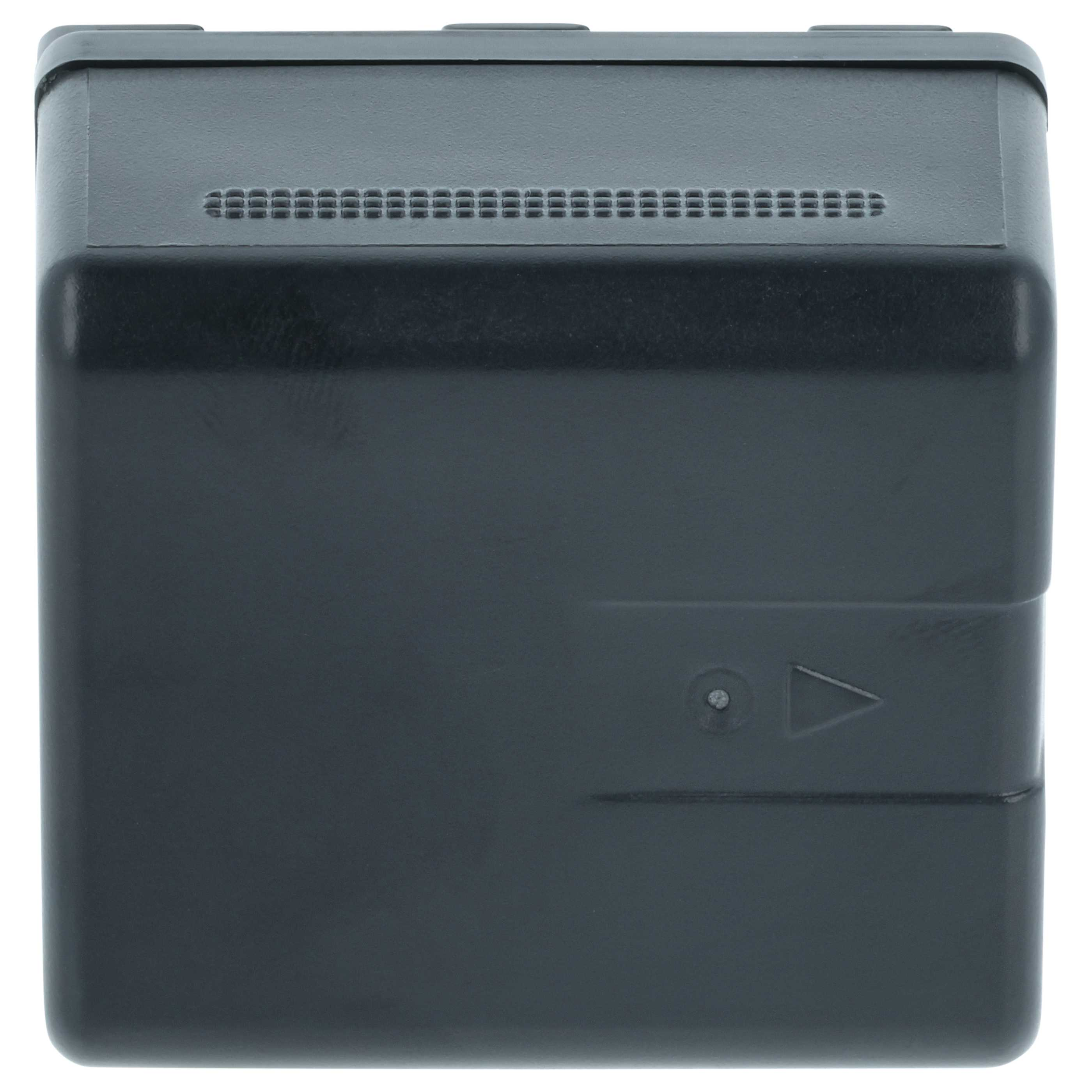Eine dunkelgraue Plastikbox. Sie hat Lüftungsschlitze, eine Schraube und ein Pfeilsymbol. Der Hintergrund ist weiß.