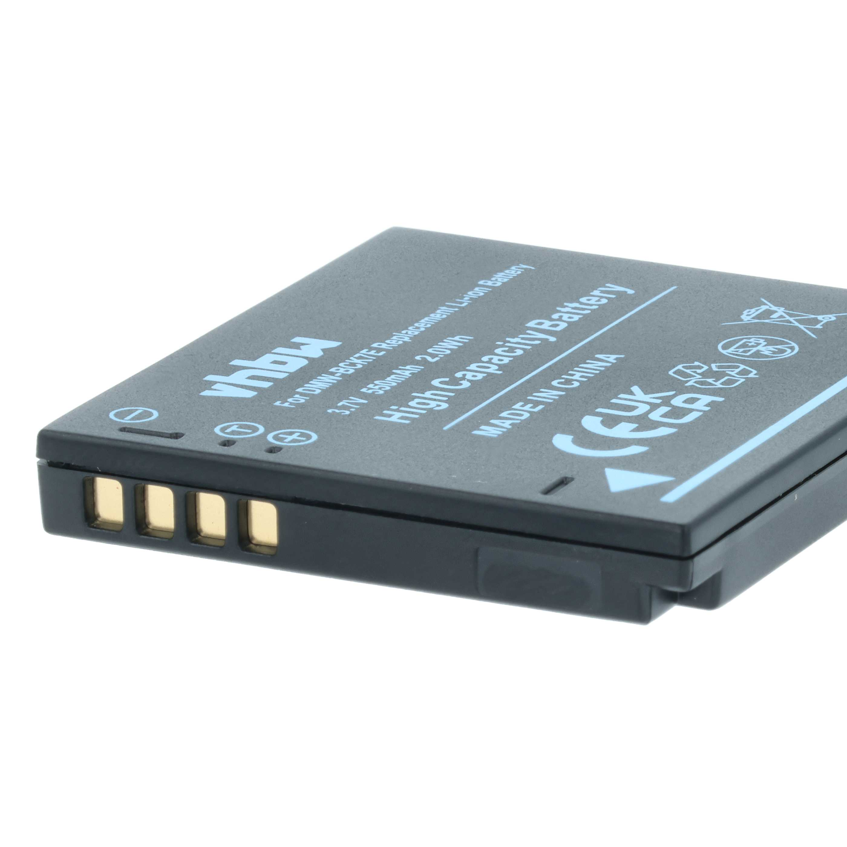 Ein schwarzer Akku mit weißem Text. Er lautet 'High Capacity Battery' und andere Details. Er ist auf weißem Hintergrund.
