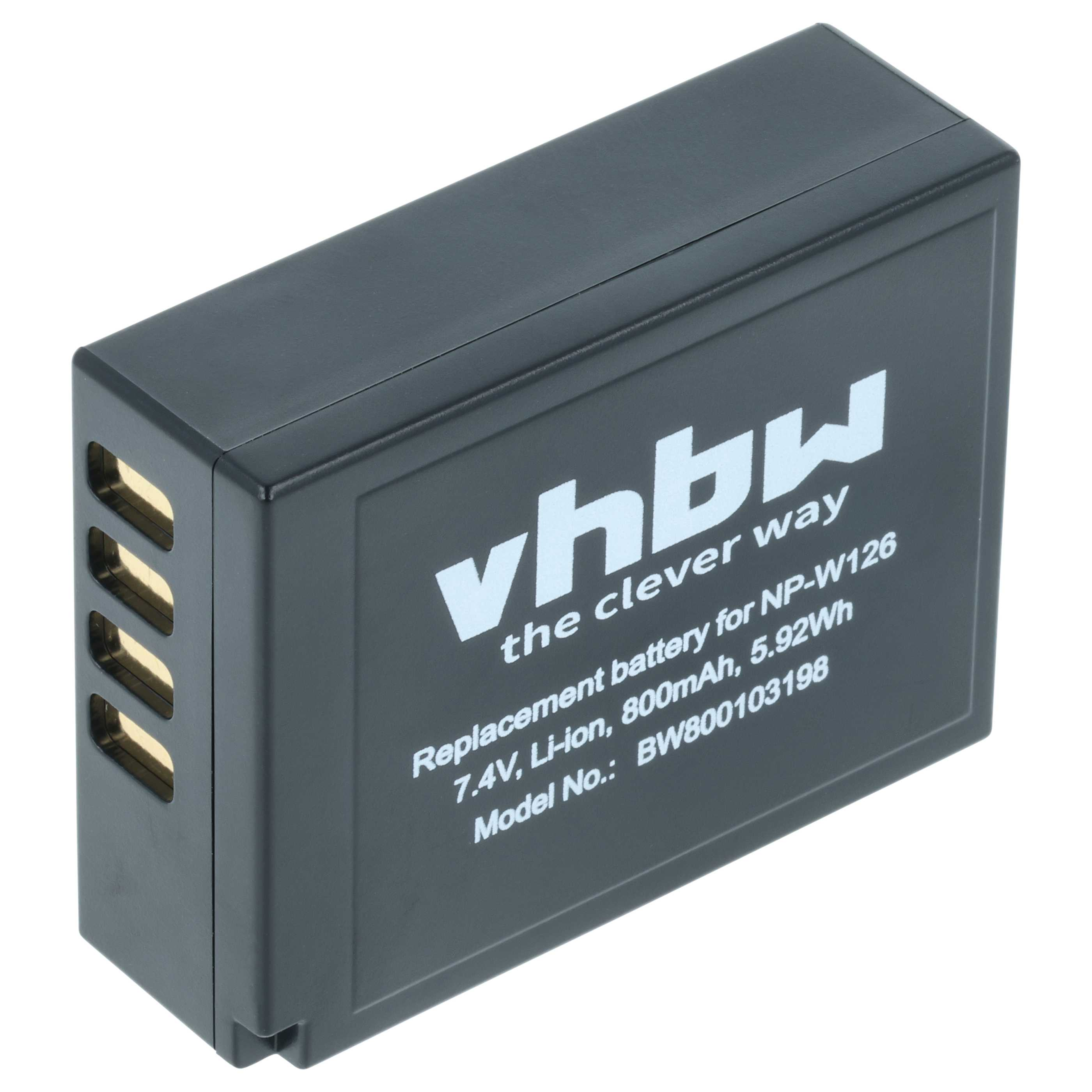 Ein dunkelgrauer Akku mit weißem Text. Es trägt den Markennamen vhbw und Spezifikationen wie 7,4 V, Li-Ion, 800 mAh.