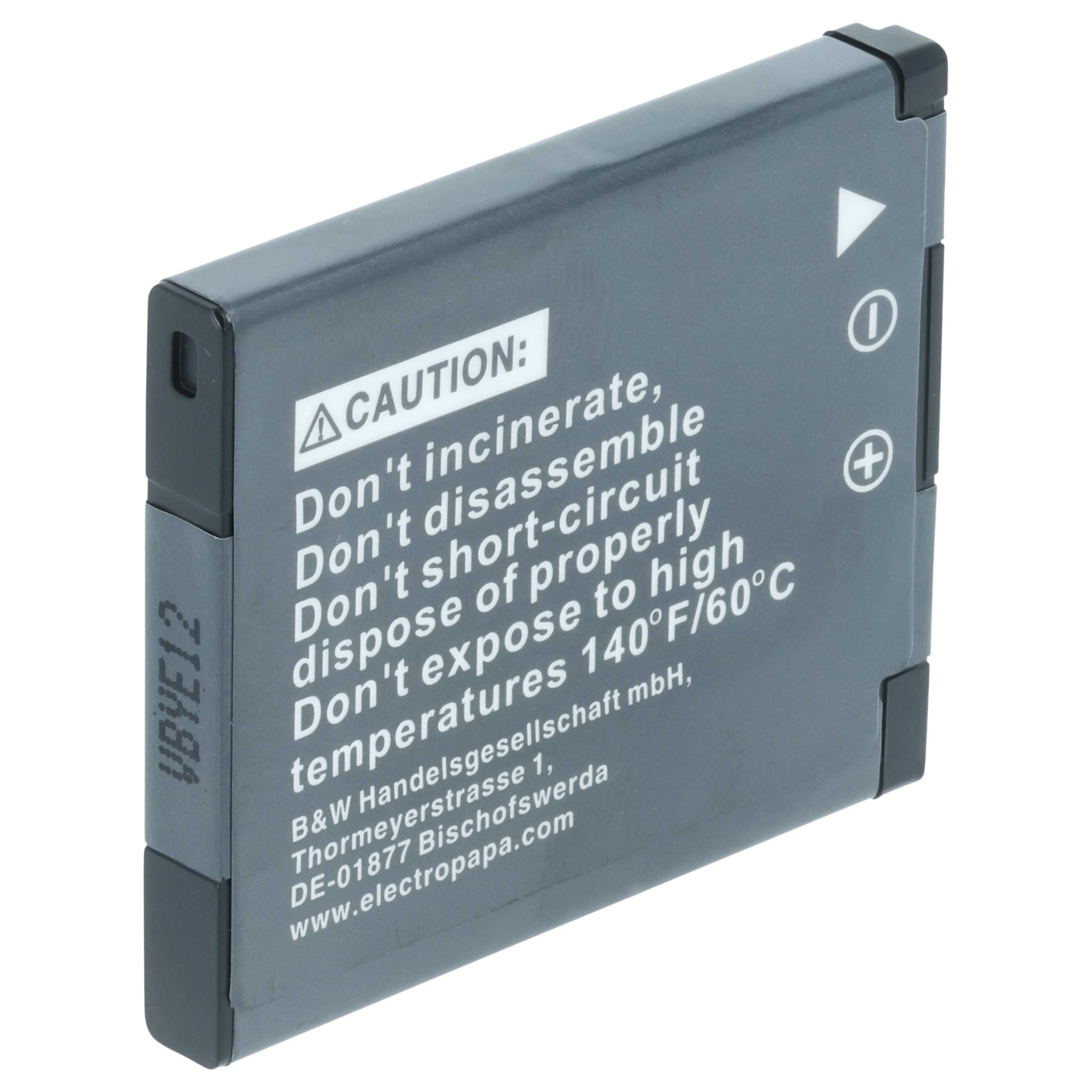 Ein graues Batteriepack mit Warntext. Es hat ein weißes Dreieck und Plus/Minus-Symbole.