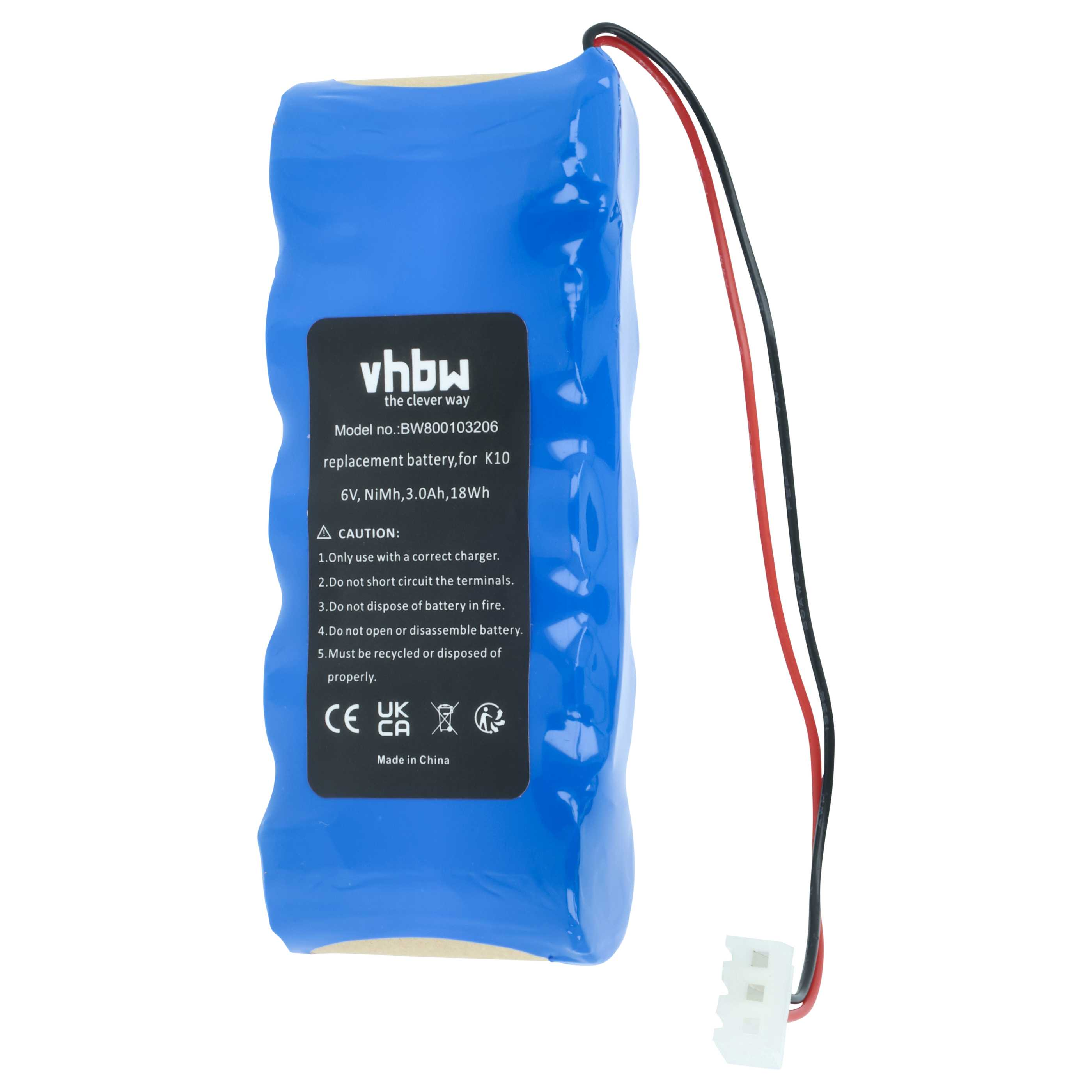 Ein blaues Batteriepack mit schwarzen und roten Drähten und einem weißen Stecker. Es hat ein Etikett mit Text.