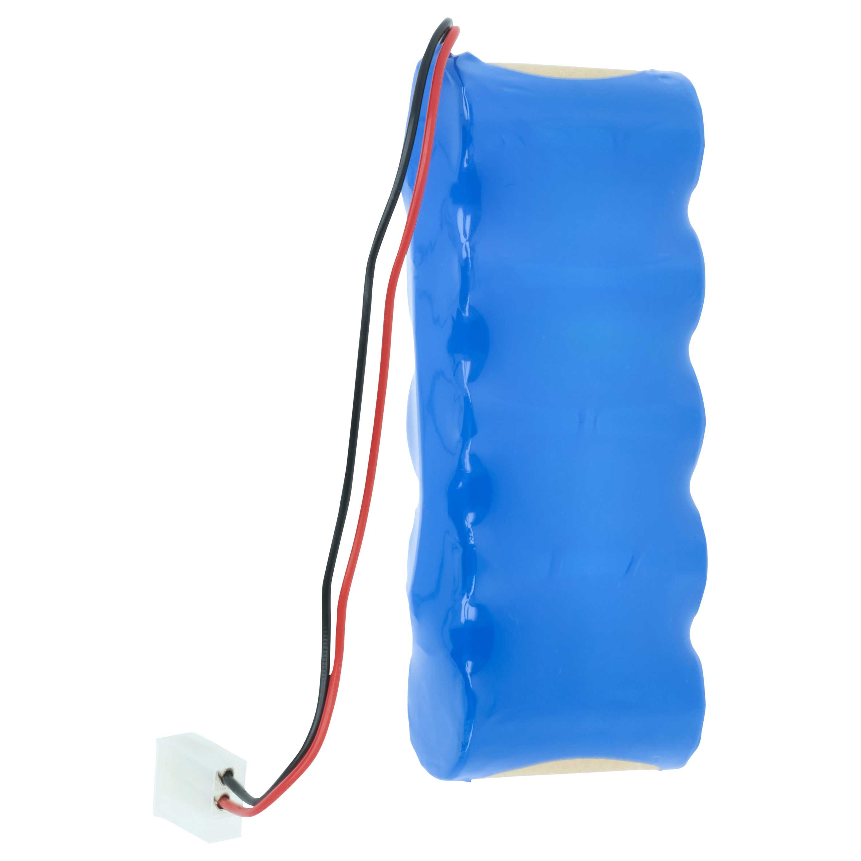 Ein blaues Batteriepack mit schwarzen und roten Drähten, die sich oben erstrecken, und einem weißen Stecker unten.