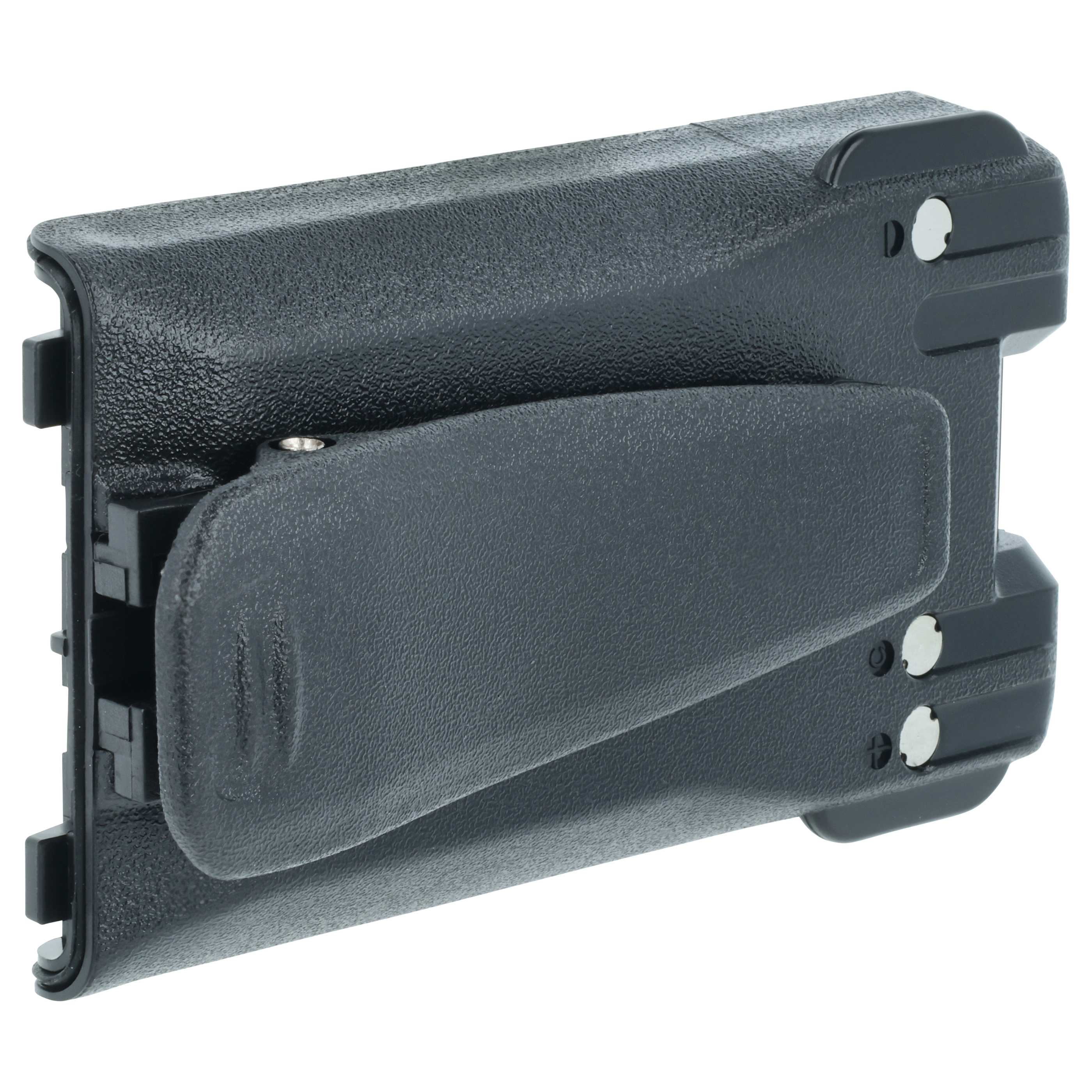 Schwarzes Kunststoffobjekt, wahrscheinlich ein Batterieclip oder -halter, vor weißem Hintergrund.