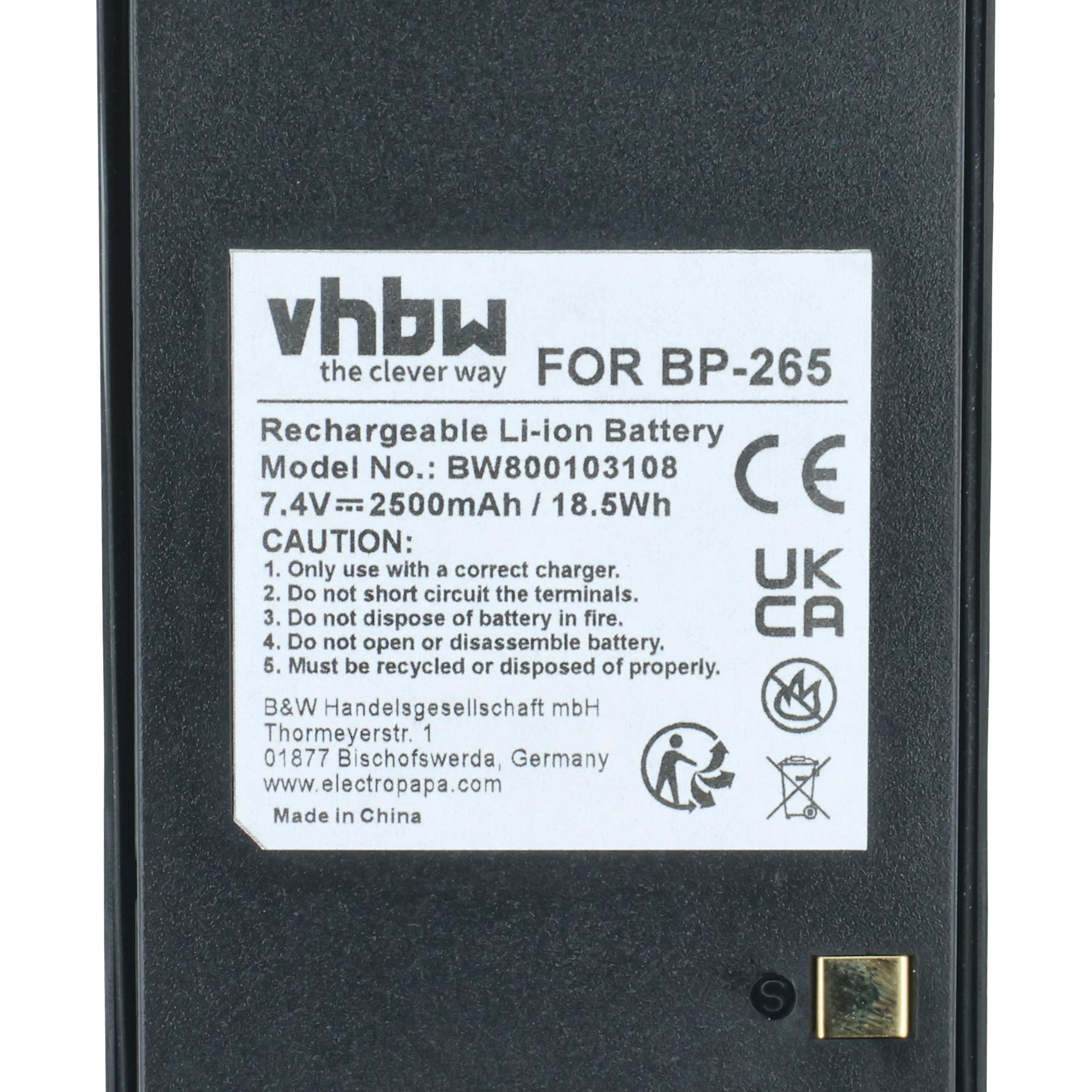 Schwarzer Akku mit weißem Etikett. Text enthält 'vhbw', 'Rechargeable Li-ion Battery' und Sicherheitshinweise.