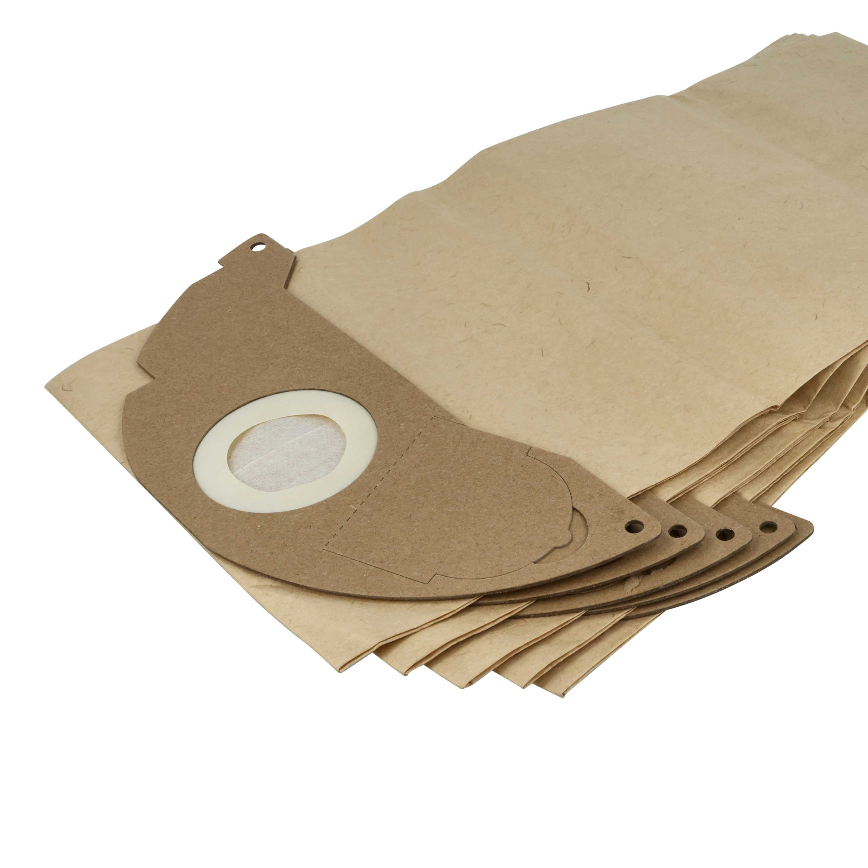 Mehrere braune Papiersaugerbeutel sind gestapelt. Einer befindet sich oben und zeigt die Öffnung und einen weißen Filter.