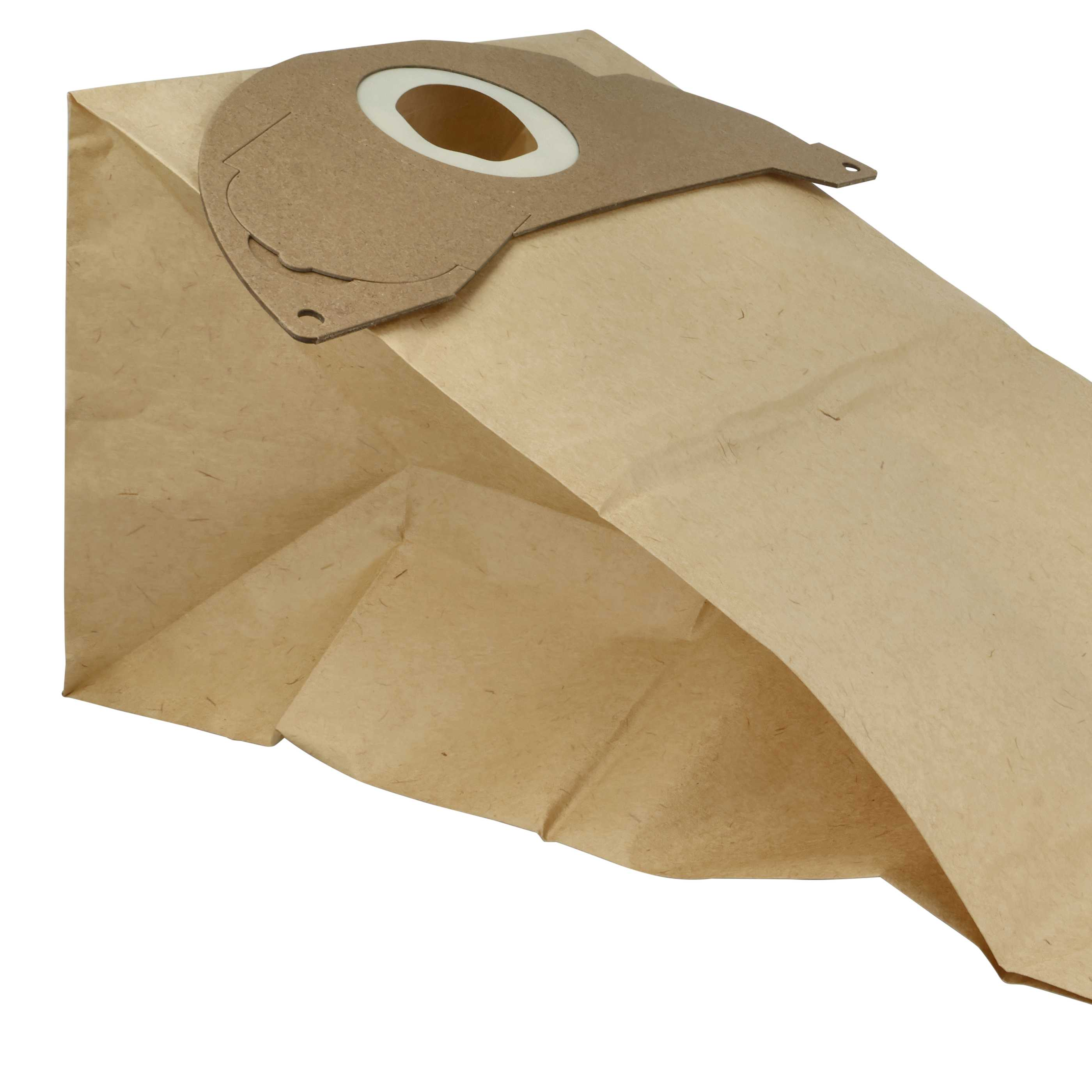 Eine beige Papiersaugerbeutel mit einer Karton-Montageplatte. Weißer Hintergrund.