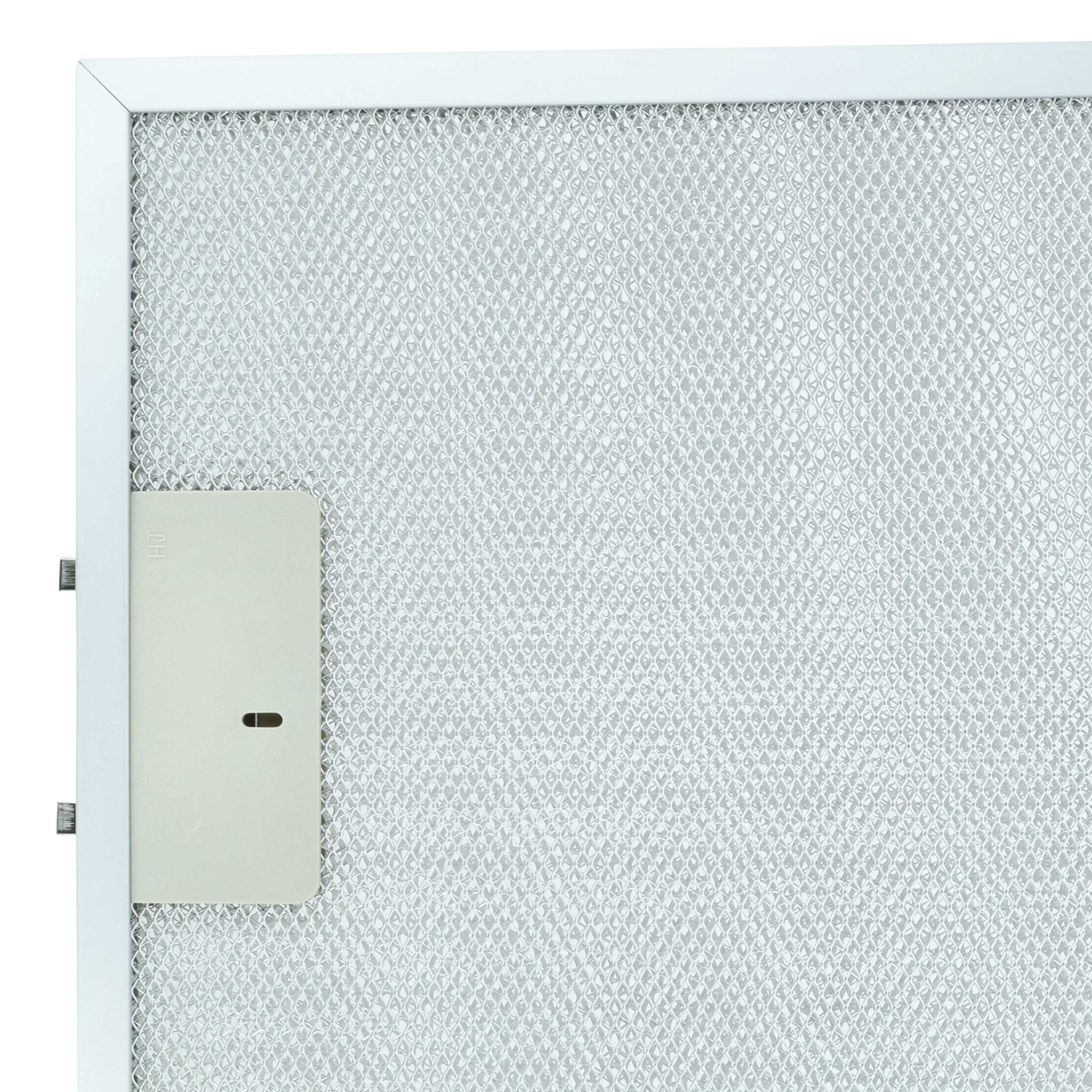 Nahaufnahme eines Dunstabzugshaubenfilters. Es hat ein Metallgitter, einen weißen Rahmen und ein hellbeige Bedienfeld.