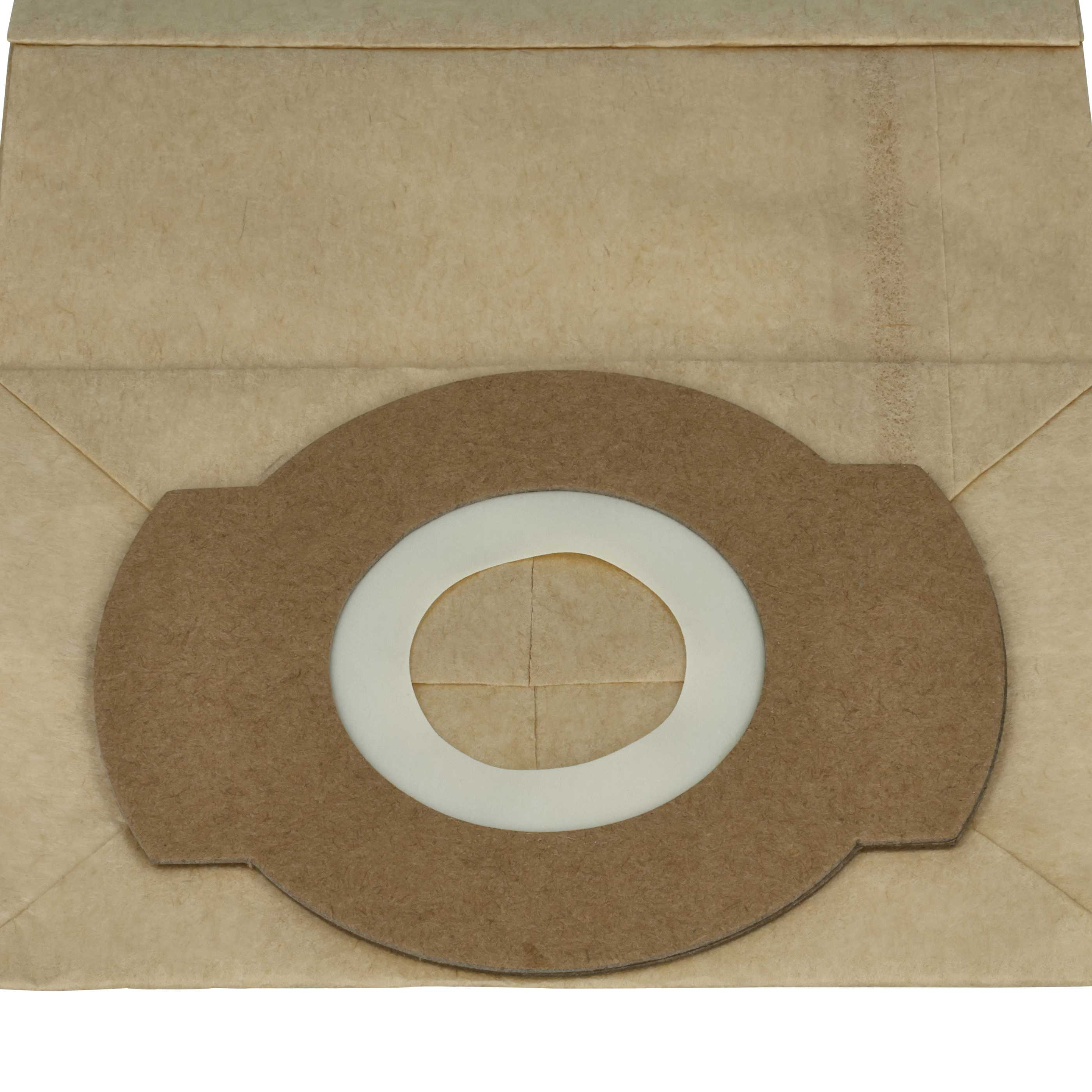 Gezeigt wird ein beigefarbener Staubsaugerbeutel. Er hat eine braune, ovale Öffnung mit weißem Ring.