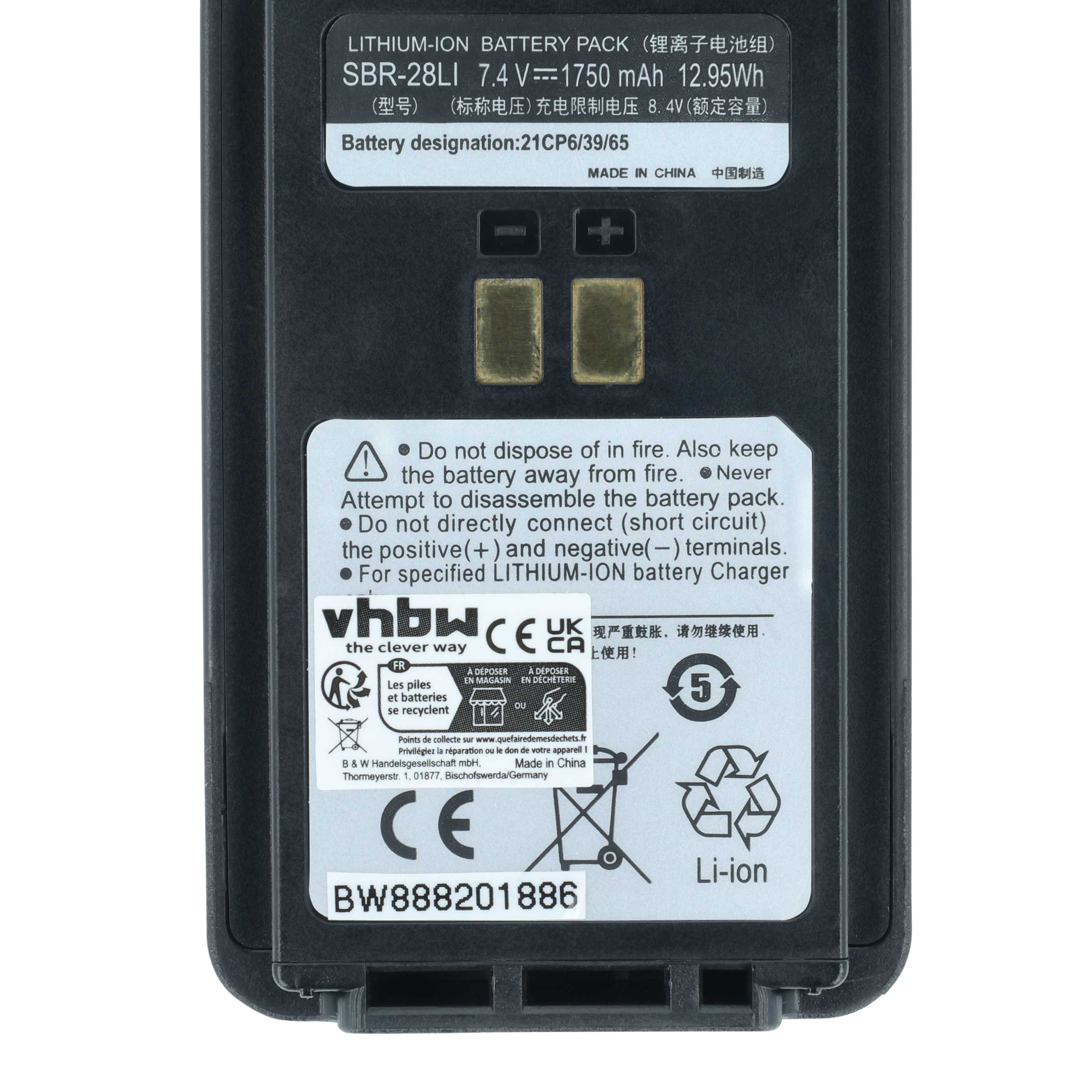 Schwarzer Lithium-Ionen-Akku mit Etiketten, Text und Symbolen. Enthält Warnungen und Spezifikationen.
