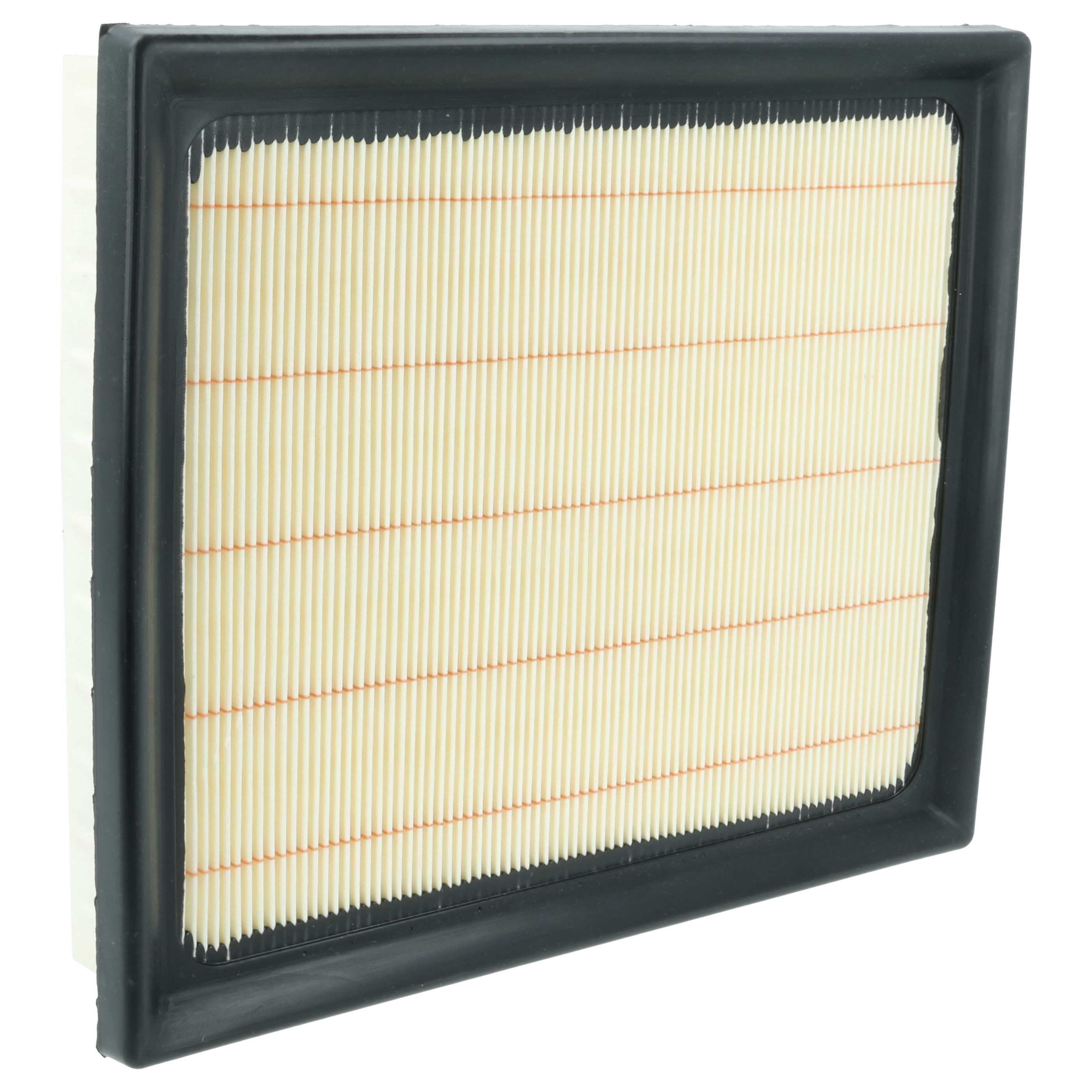 Ein Luftfilter mit schwarzem Rahmen und gefaltetem, beigem Filtermaterial mit orangen Linien.