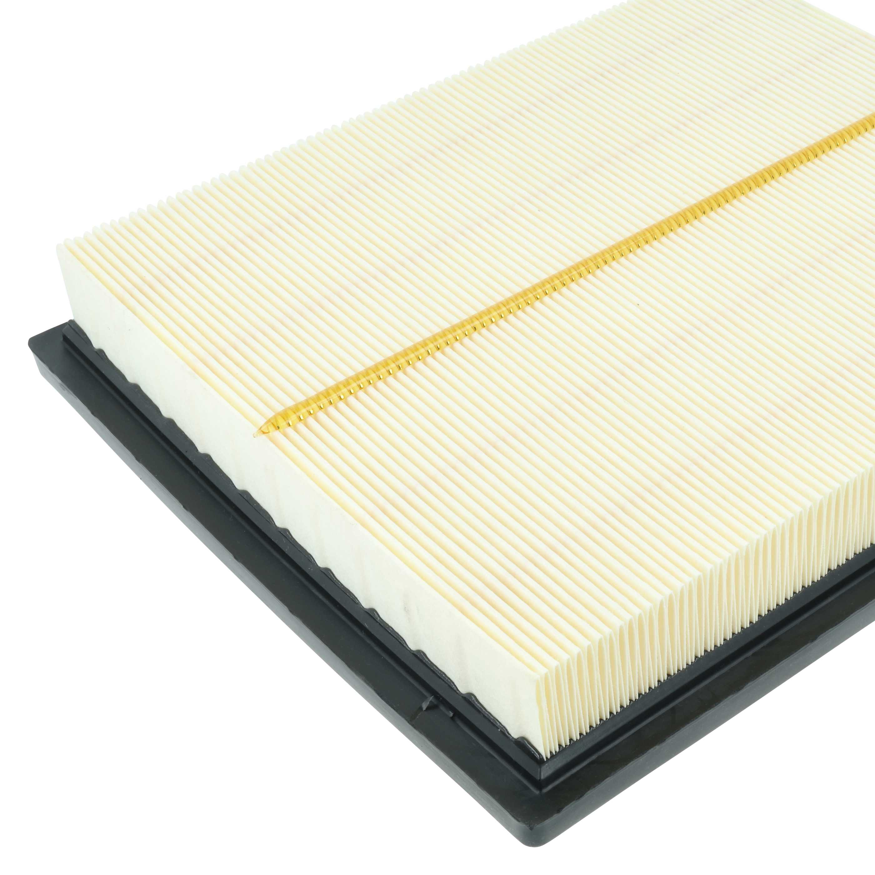 Ein Luftfilter mit weißem, plissiertem Filtermaterial und einem schwarzen Rahmen. Oben verläuft ein gelber Streifen.
