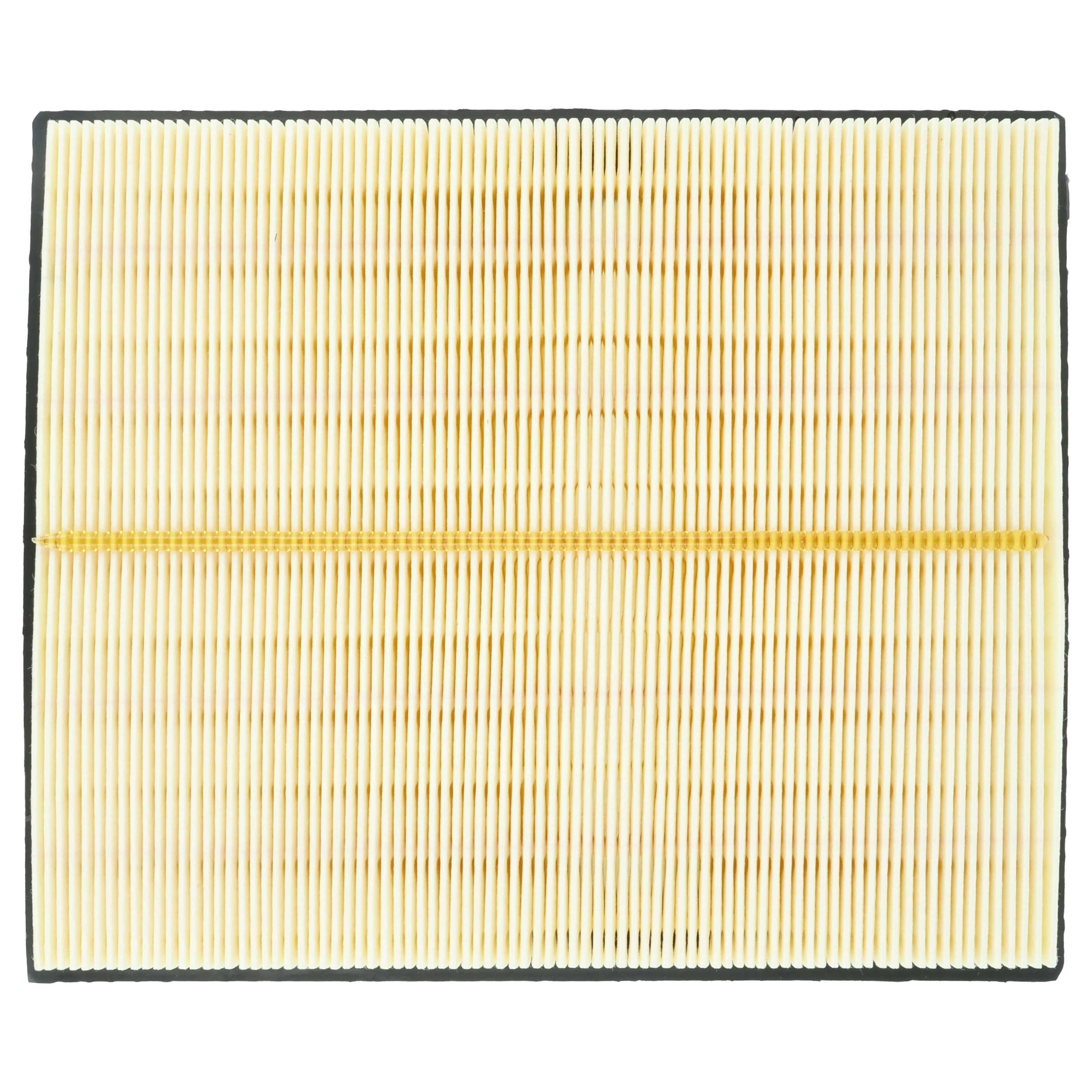 Ein Luftfilter mit vertikal gefaltetem Papier. Der Rahmen ist schwarz. Das Papier ist gelb.