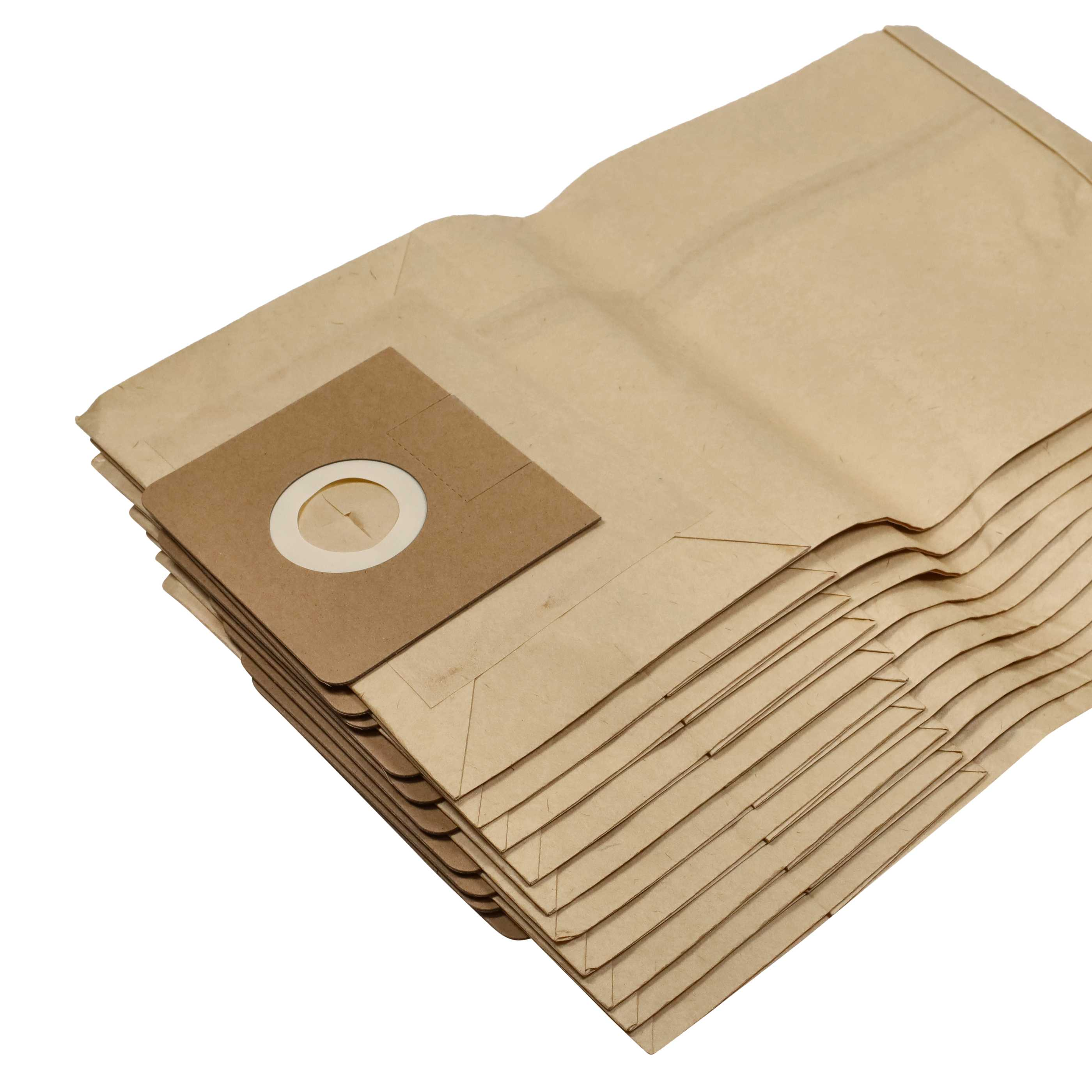 Ein Stapel brauner Papiersaugerbeutel mit einem kreisförmigen Pappstück oben.
