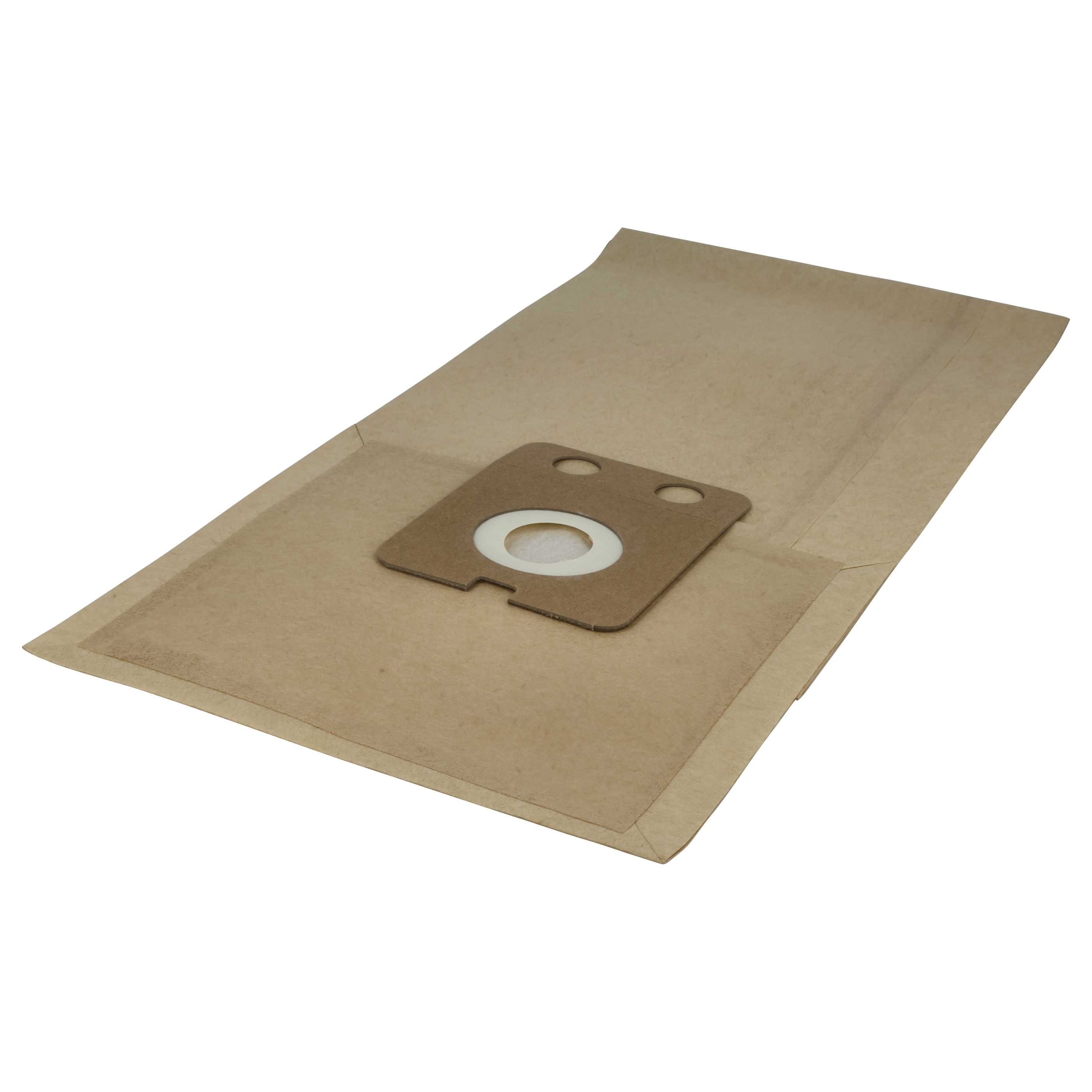 Ein brauner Papiersaugerbeutel mit einem Kartonfilter liegt auf weißem Hintergrund.