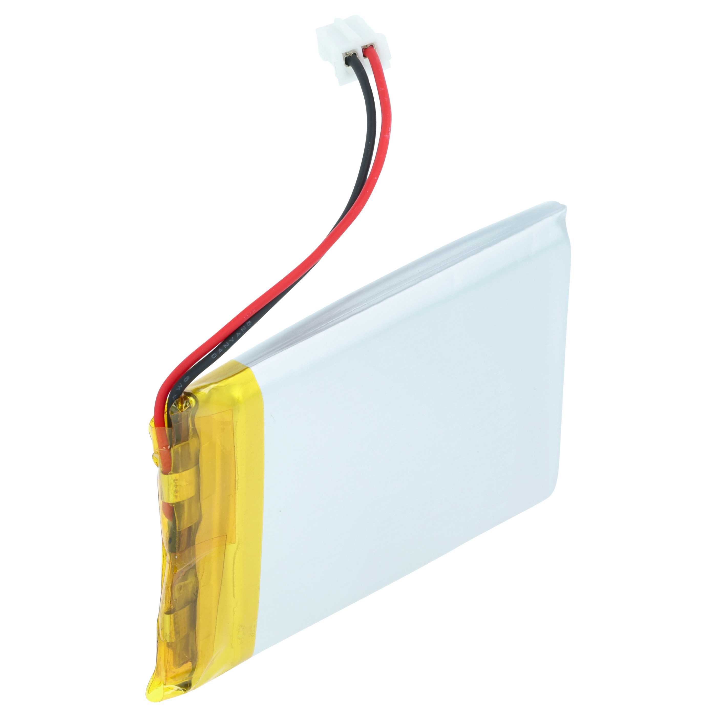 Ein rechteckiger Akku mit roten und schwarzen Drähten und einem weißen Stecker. Der Akku hat einen gelben Rand.