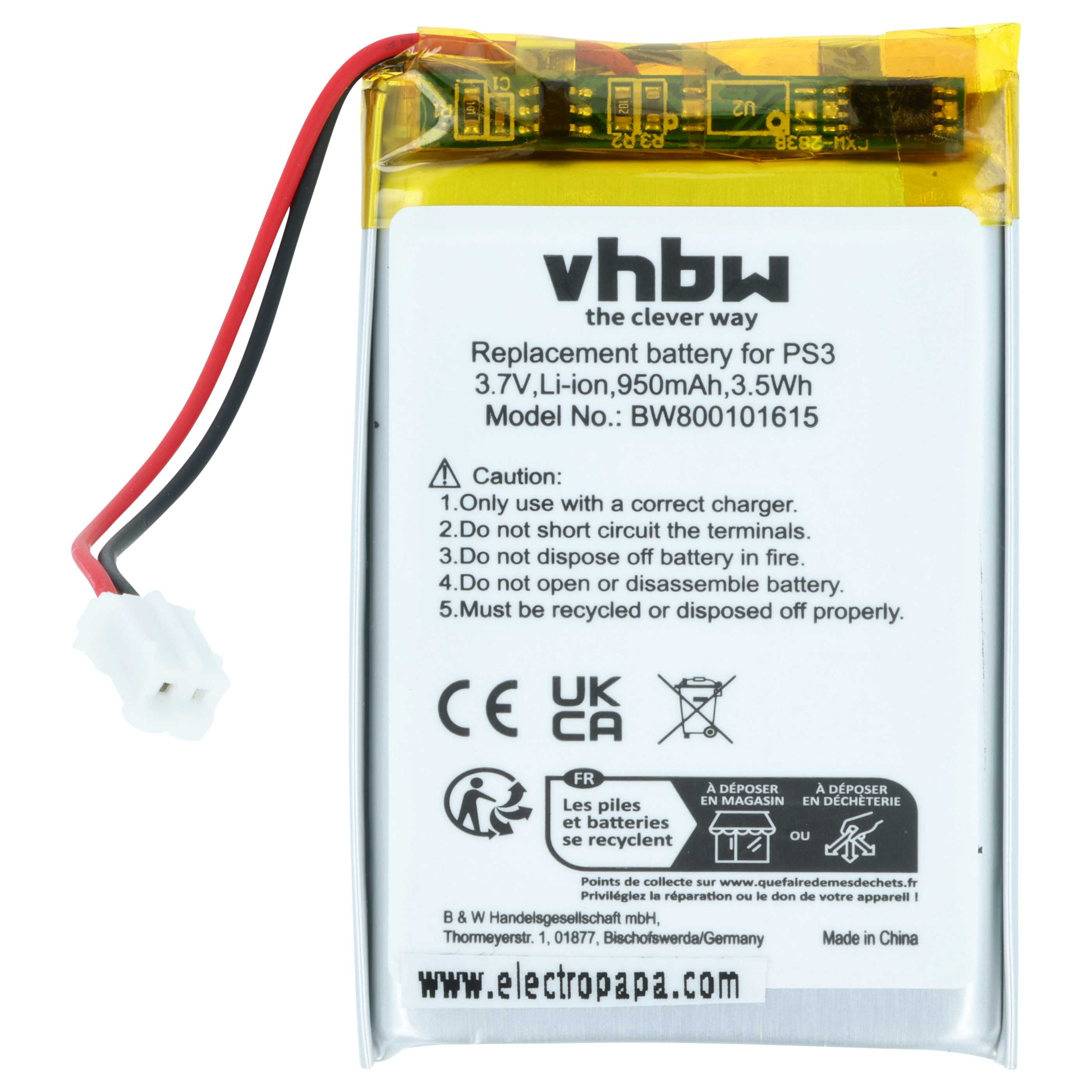 Akku für PS3 mit rot/schwarzen Drähten. Aufschrift: vhbw, Ersatzakku, 3,7V Li-Ion. Warnhinweise und Recycling-Symbole vorhanden.