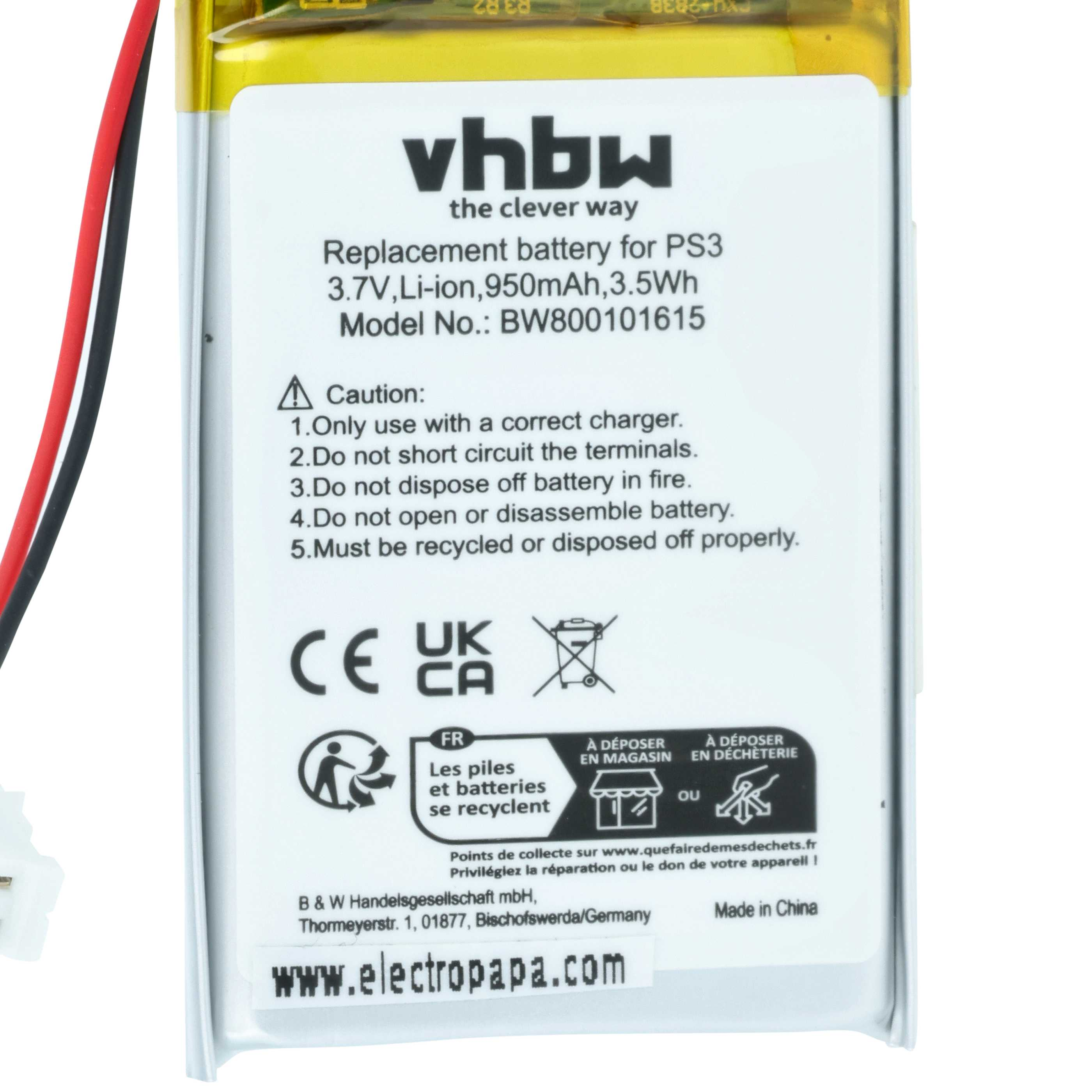 Akku mit Etikett, schwarzen und roten Drähten und Anweisungen. Weißer Hintergrund, gelbe Oberseite. Text: vhbw, Ersatzbatterie für PS3.