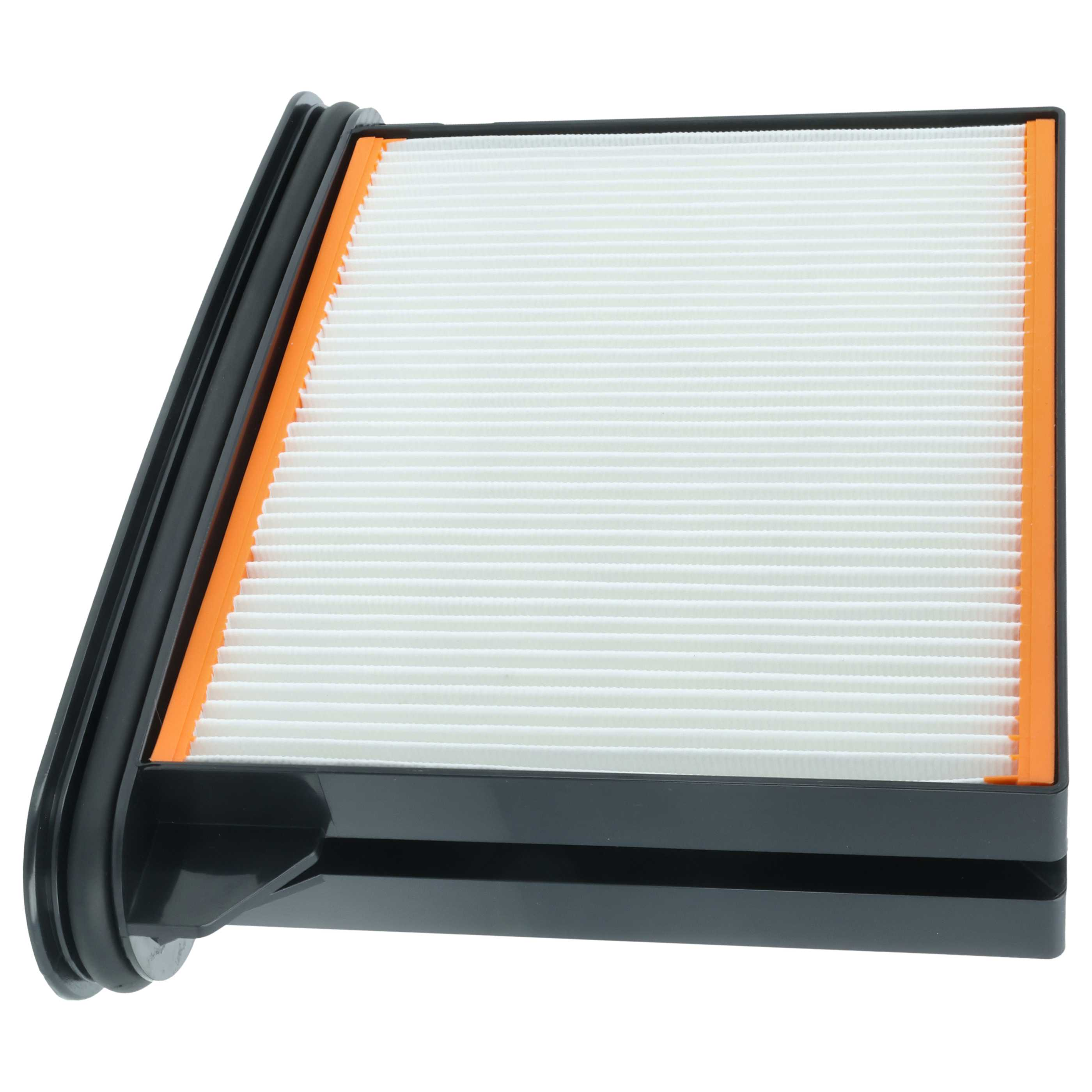 Ein Luftfilter mit weißem Filterpapier und einem schwarzen Rahmen. Der Rand ist orange. Schräge Ansicht, weißer Hintergrund.