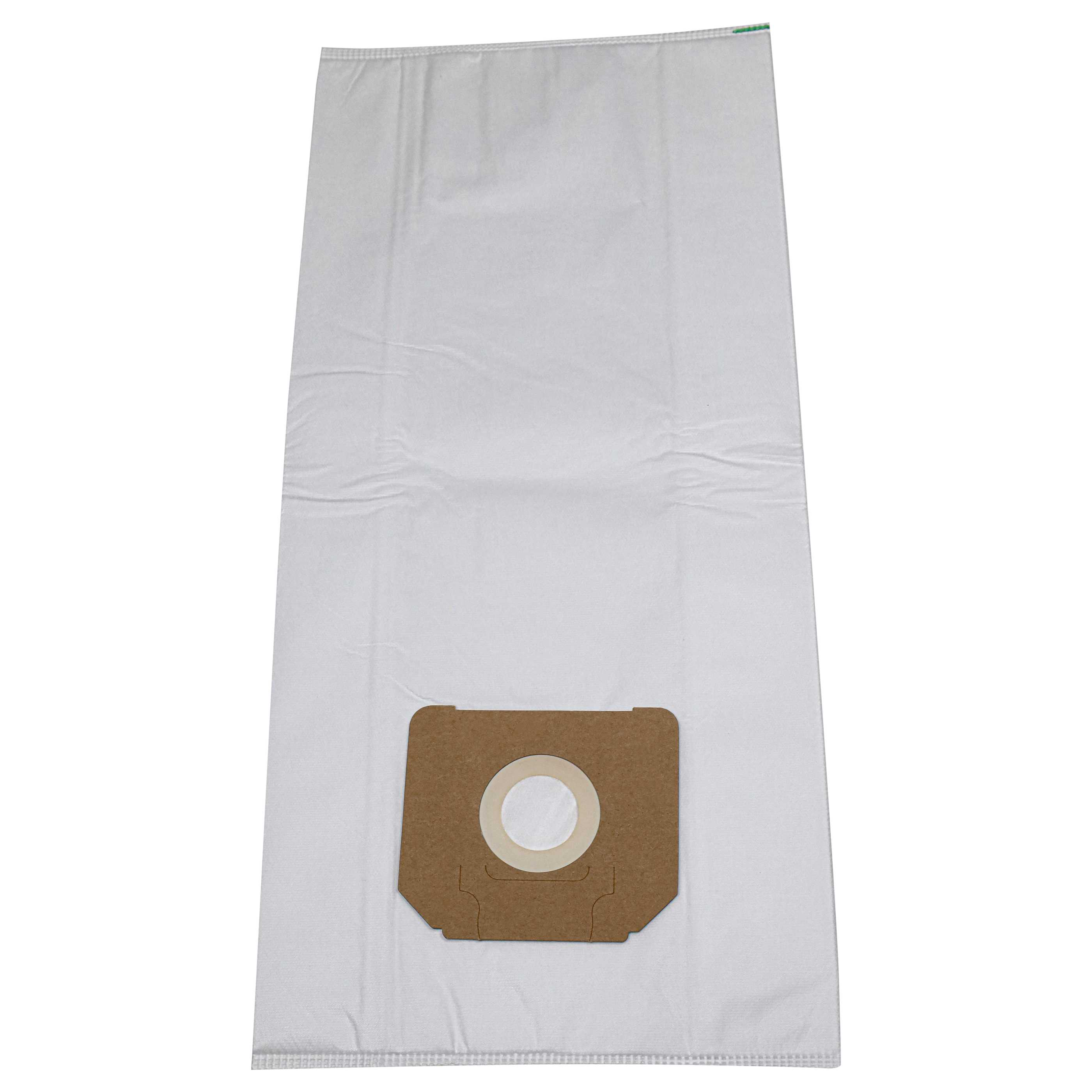 Ein weißer Staubsaugerbeutel mit einem braunen Papierabschnitt. Das Papier hat eine kreisförmige Öffnung.