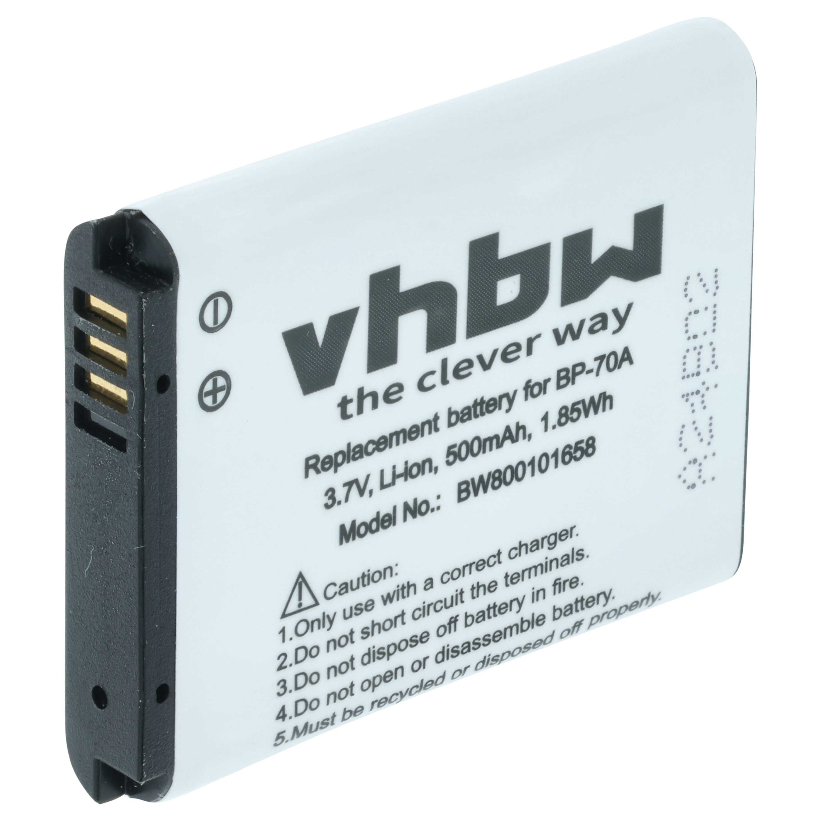 Eine weiß-schwarze Batterie mit Text. Es steht 'vhbw' und 'Replacement battery for BP-70A'.