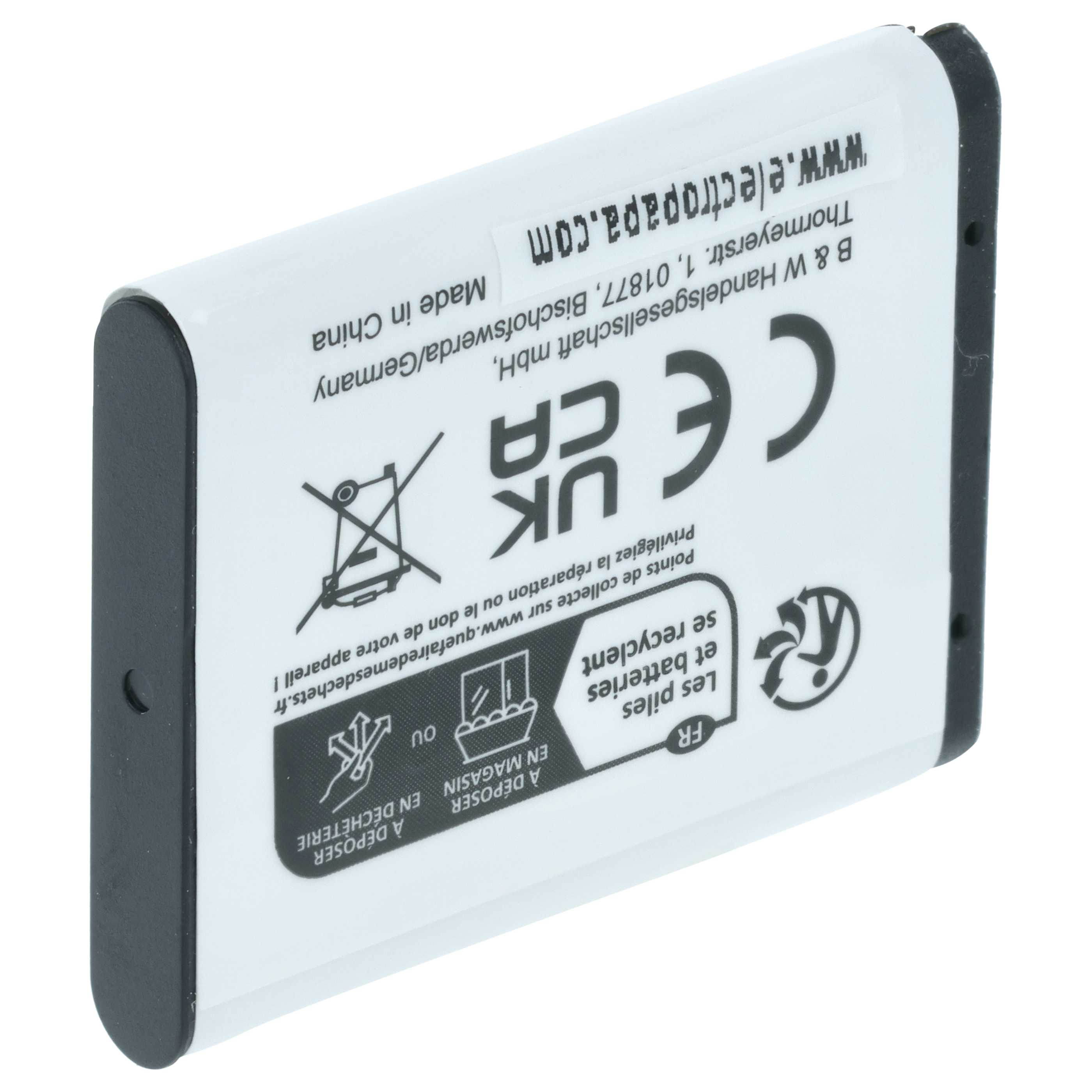 Ein weißer Akku mit schwarzen Rändern, Text und Symbole sind aufgedruckt. Der Akku ist abgewinkelt.