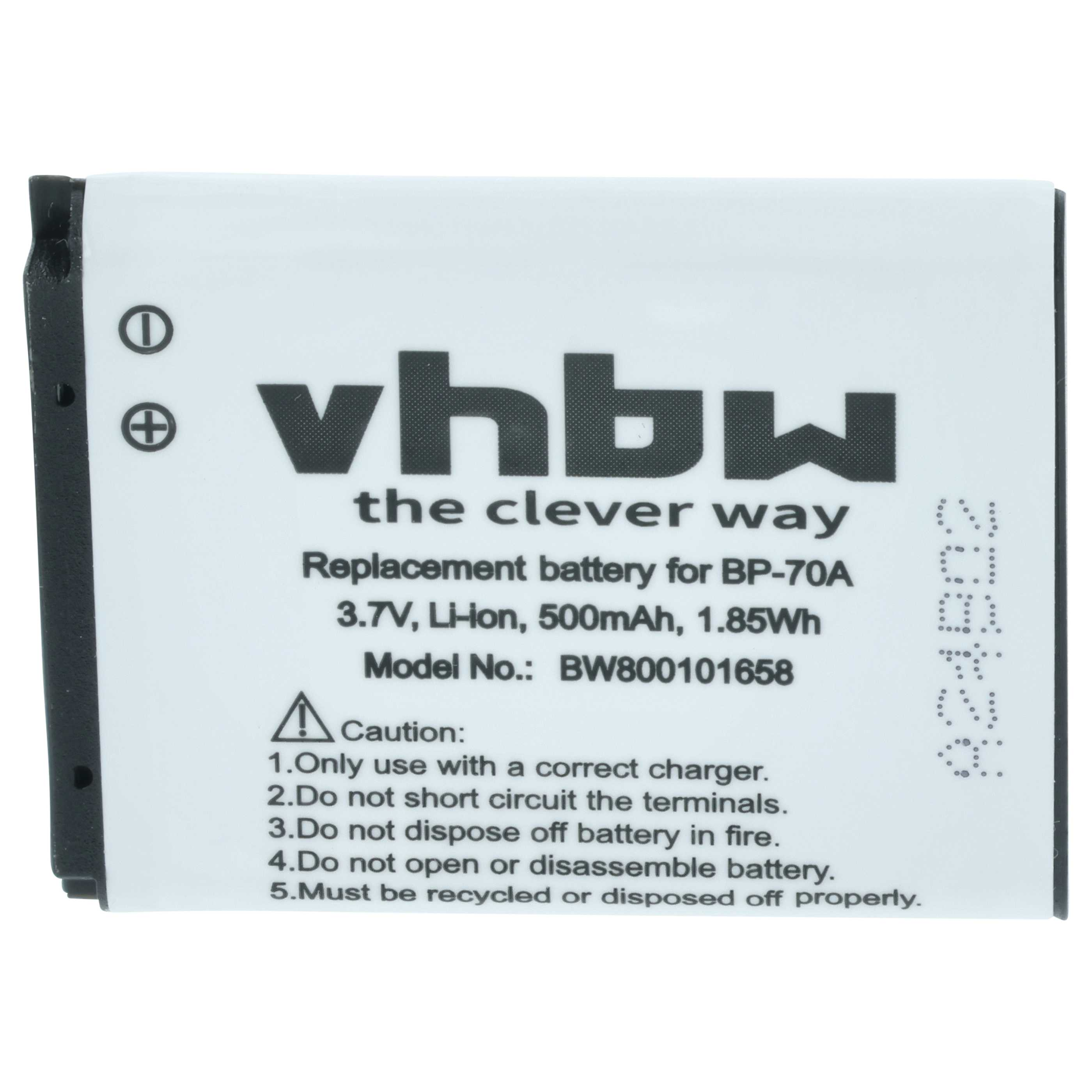 Ein weißer Akku mit schwarzen Rändern. Der Text enthält 'vhbw', '3,7V' und Warnhinweise.