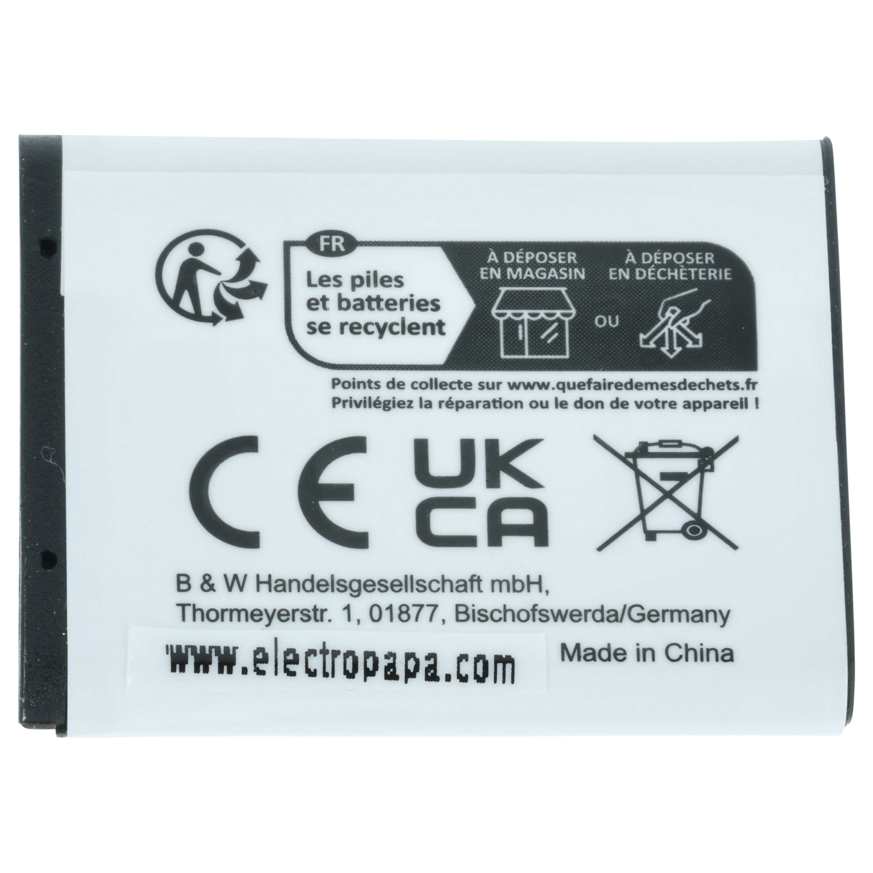Weißes Batterieetikett mit Text und Recycling-Symbolen. Enthält 'Made in China' und 'www.electropapa.com'.