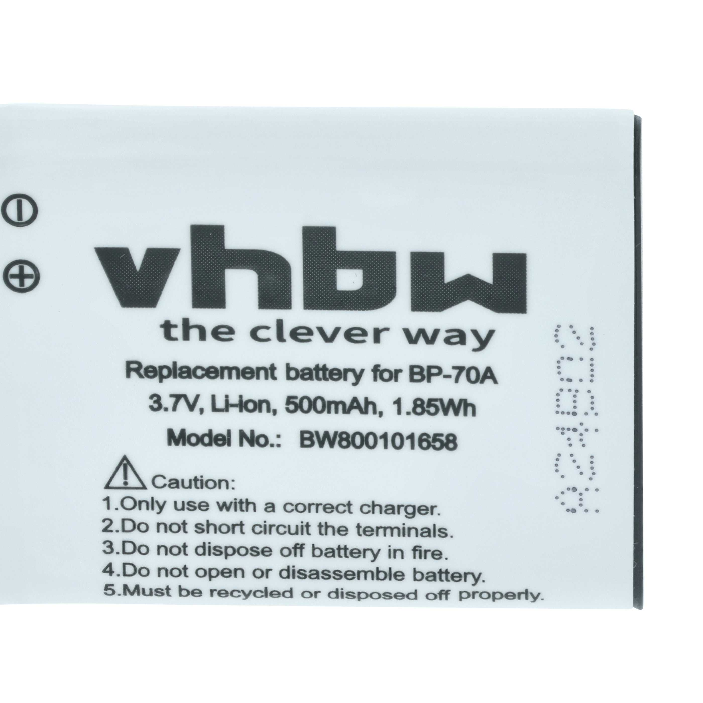 Ein weißer Akku mit schwarzem Text. Er lautet 'vhbw' und 'Ersatzakku'. Warnhinweise sind unten aufgeführt.