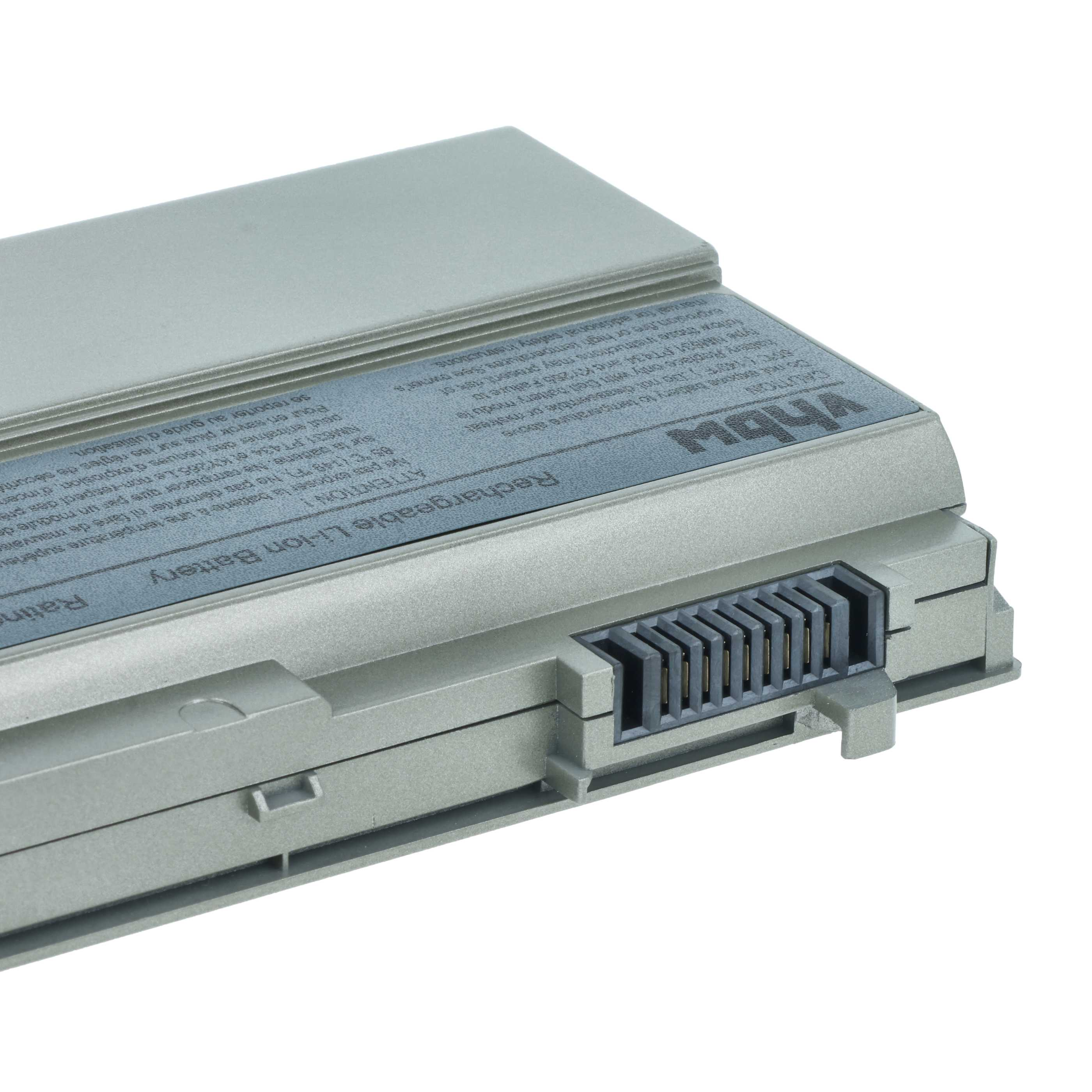 Ein grauer Laptop-Akku mit Anschluss. Text ist sichtbar, einschließlich "Rechargeable Li-ion Battery".