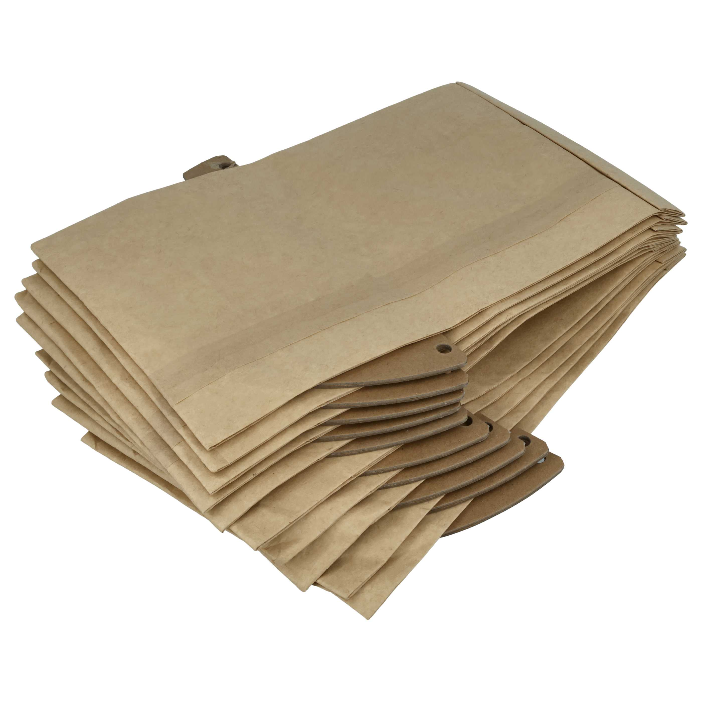 Ein Stapel brauner Papiertüten mit Anhängern auf weißem Hintergrund. Die Taschen sind gefaltet und geschichtet.